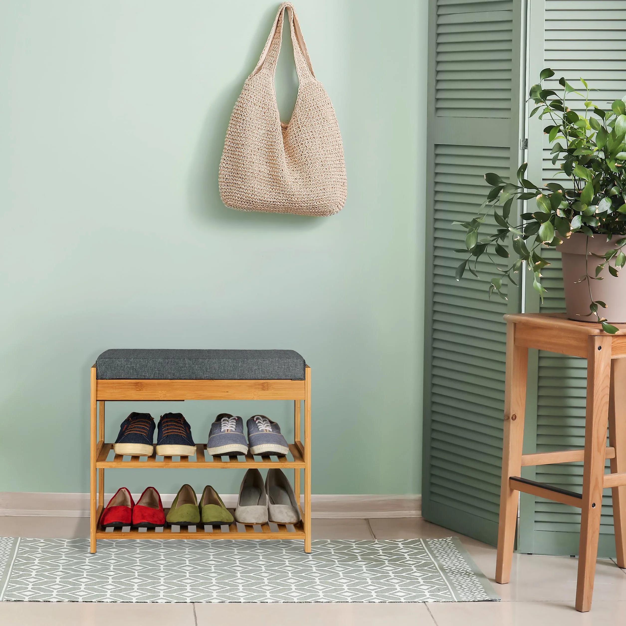 Relaxdays Ławka na buty, ławka tapicerowana z półką na buty, 2 poziomy, szuflada, (wys. x szer. x gł.): 49 x 55 x 30 cm, bambus i len, kolor naturalny/szary
