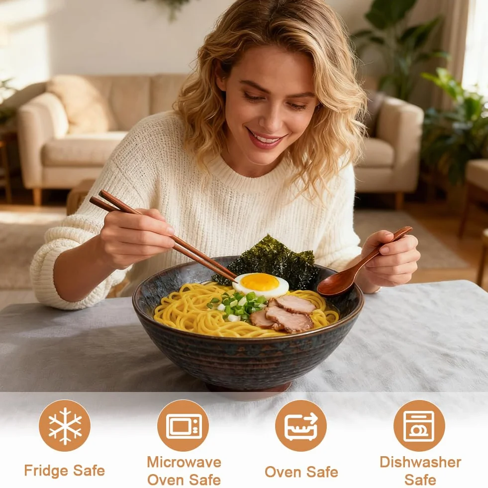 Zestaw 2 misek na ramen z ceramiki 1200ml z pałeczkami i łyżkami