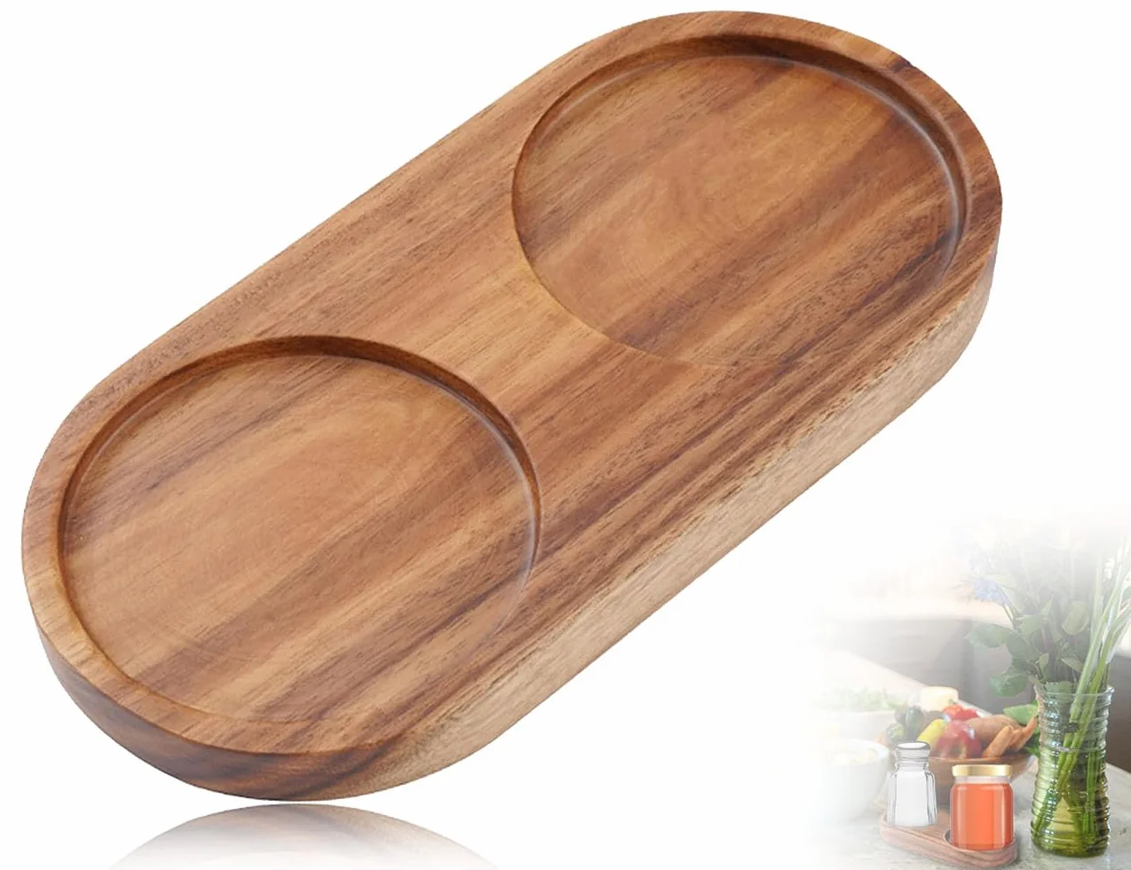 Drewniana taca na soli, pieprzu, podstawka do młynek i butelek przypraw (średnica wewnętrzna 5,8 cm)