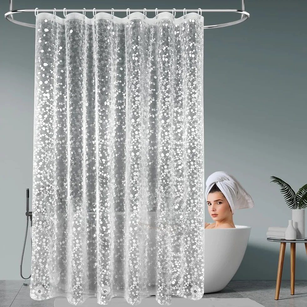 URAQT Zasłona prysznicowa odporna na pleśń 180 x 180 cm 3D półprzezroczysta PEVA zasłony prysznicowe można prać z 12 haczykami i magnetyczną dolną wagą, do wanny, łazienki, wzór żwirków