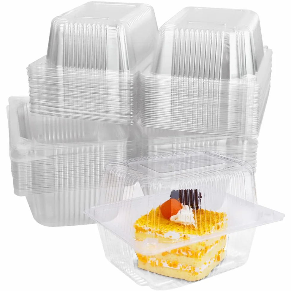 Przezroczyste kwadratowe pudełka na ciasto 14 x 10,5 cm z klapką, zestaw 60 sztuk