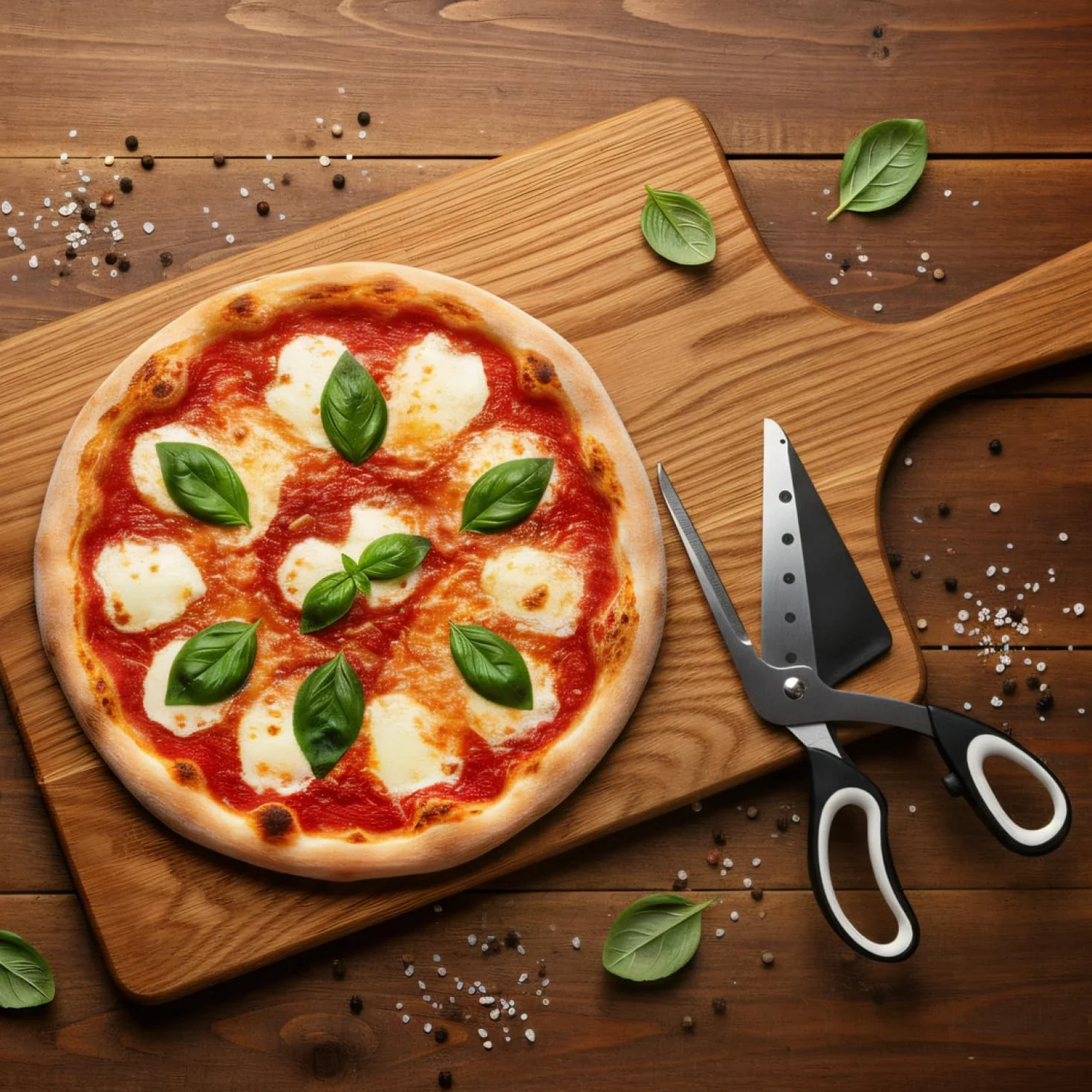 COM-FOUR® Nozyczki do pizzy z powierzchnia do serwowania, nozem do pizzy z ostrzami ze stali nierdzewnej i zintegrowana lopata do pizzy (1x nozyczki do pizzy 27 cm)