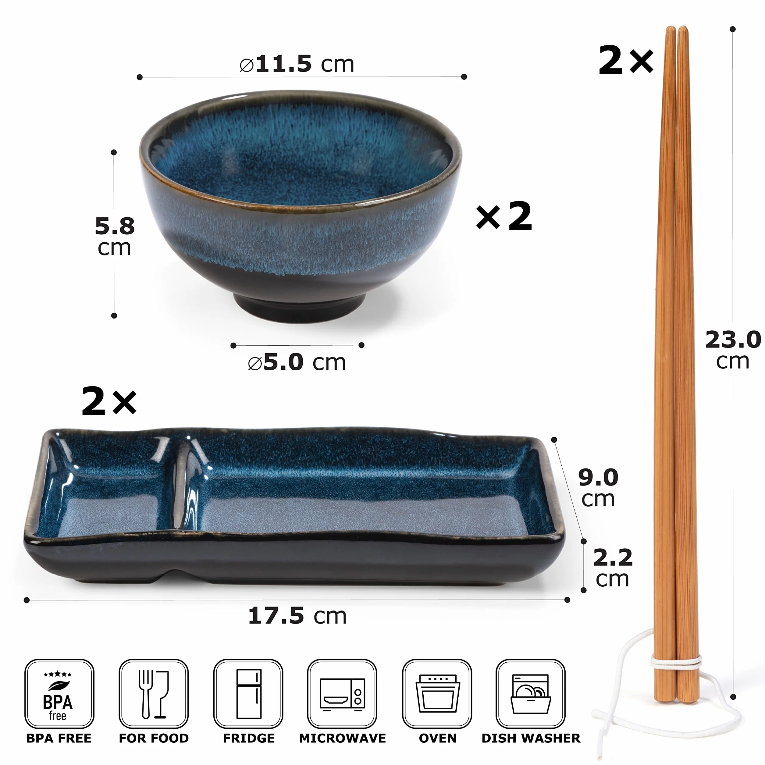 Zestaw do sushi Misaki w kolorze szaro-niebieskim dla dwóch osób, 2 talerze do sushi, 2 miski z ceramiki, 2 pary pałeczek z bambusa (Granatowy)
