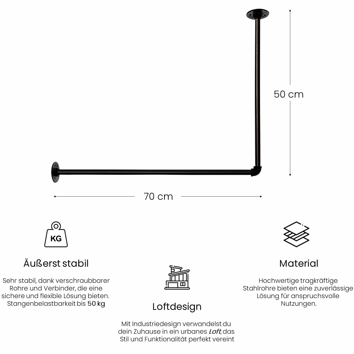 Drążek na ubrania industrialny L 70x50 cm do sypialni garderoby