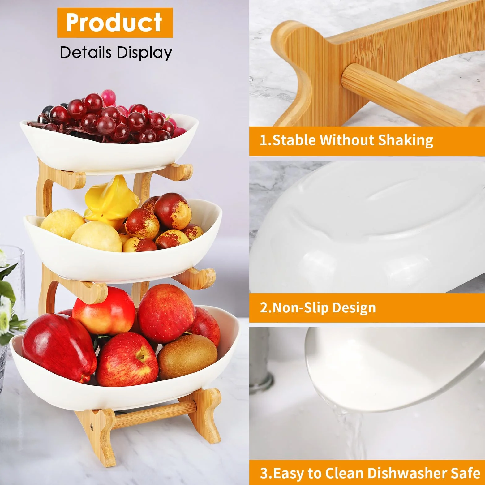 Diealles Shine Ceramiczna etażerka na owoce z 3 poziomami, oszczędzający miejsce kosz na owoce, etażerka dla rodziny, stabilna i bez drżenia, nowoczesna miska na owoce z naturalnego bambusa, na