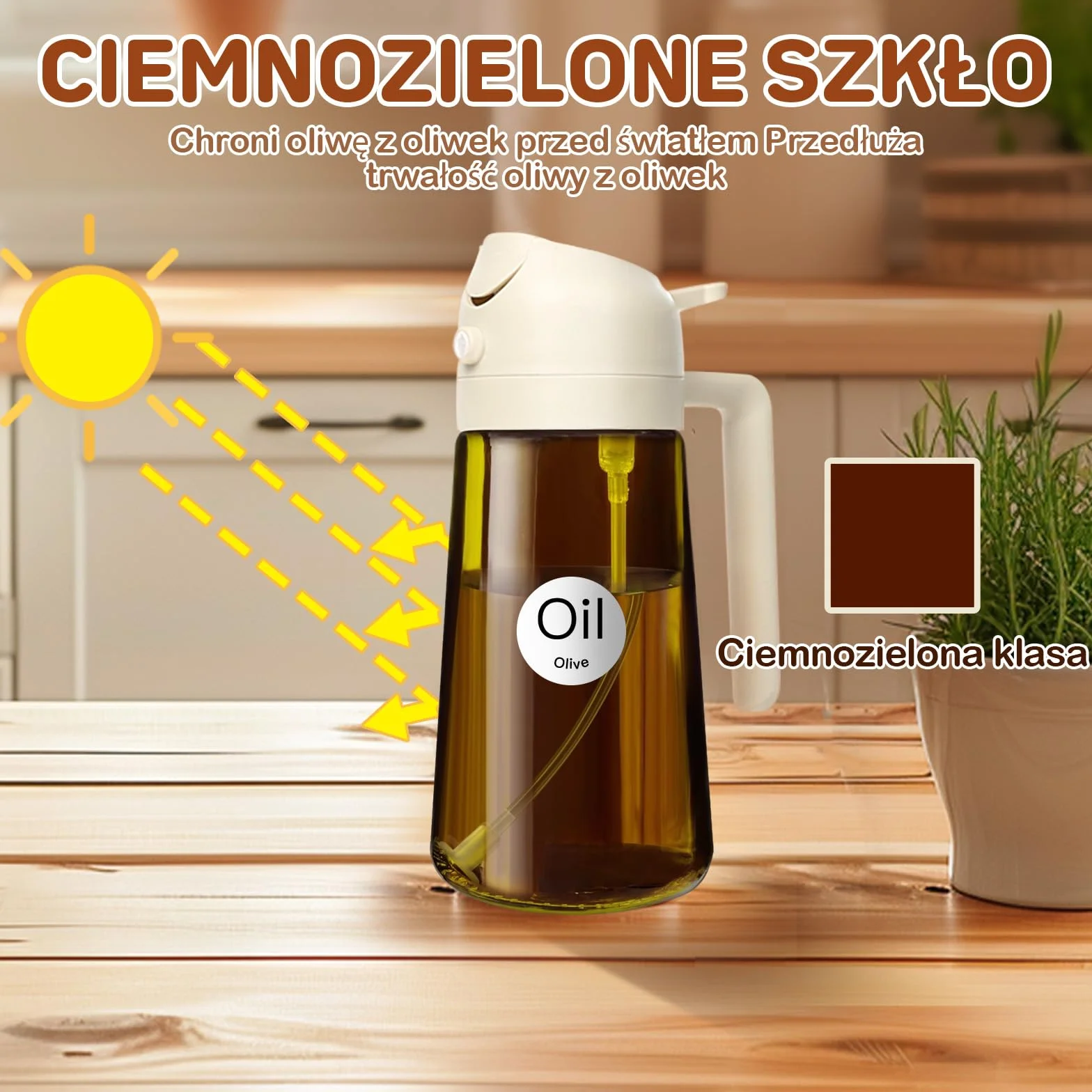 YARRAMATE blokujący światło rozpylacz ciemnego oleju do gotowania, 2 w 1 spryskiwacz do oleju do gotowania, 470 ml szklana butelka na olej, dozownik oleju i do kuchni smażenia BBQ (biały)