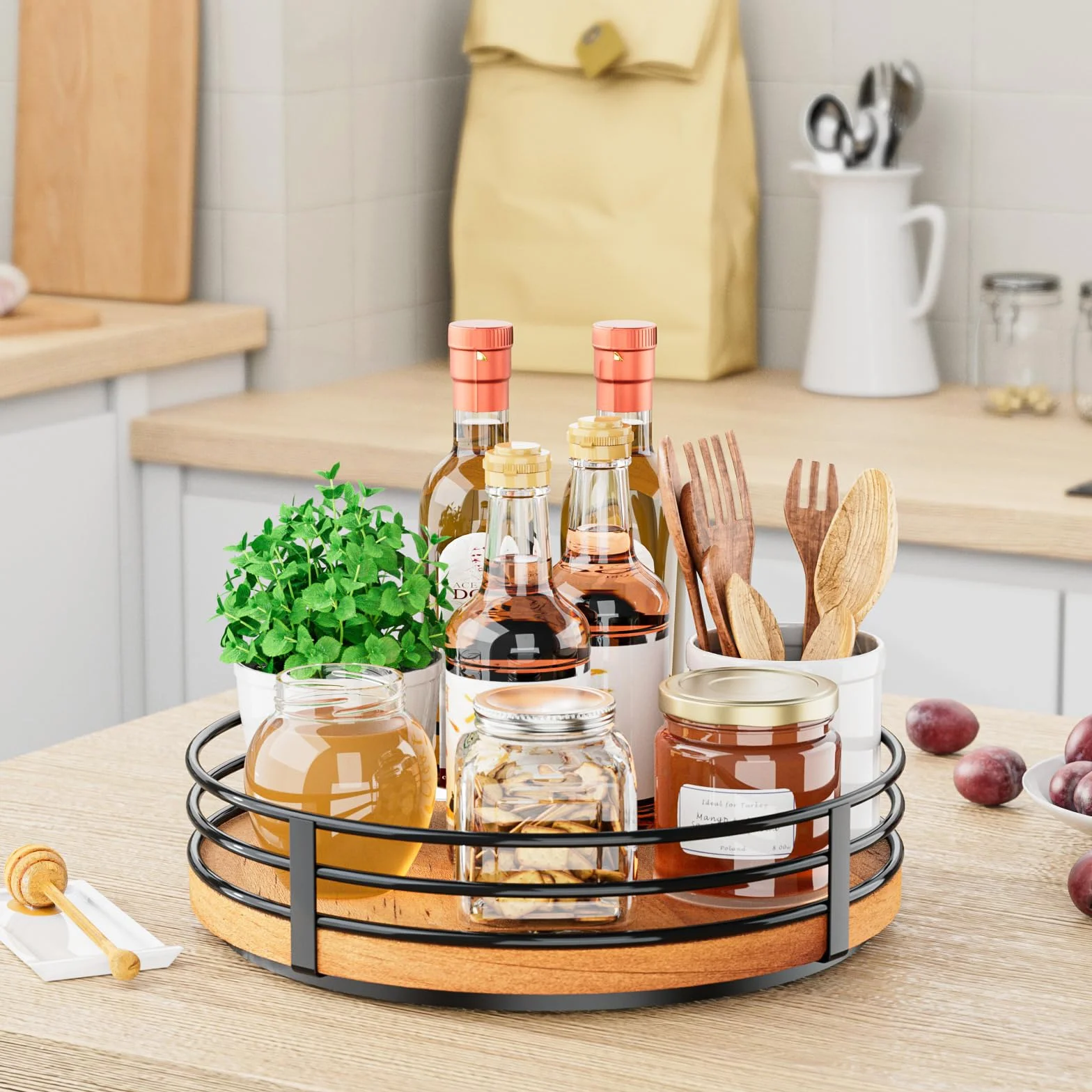 OVICAR Wood Lazy Susan Gramofon Organizer – 28 cm, okrągły, drewniany, leniwy Susan, do szafki, kuchni, stołu, spiżarni, łazienki, kawiarni, baru, przechowywania przypraw, dekoracja domu
