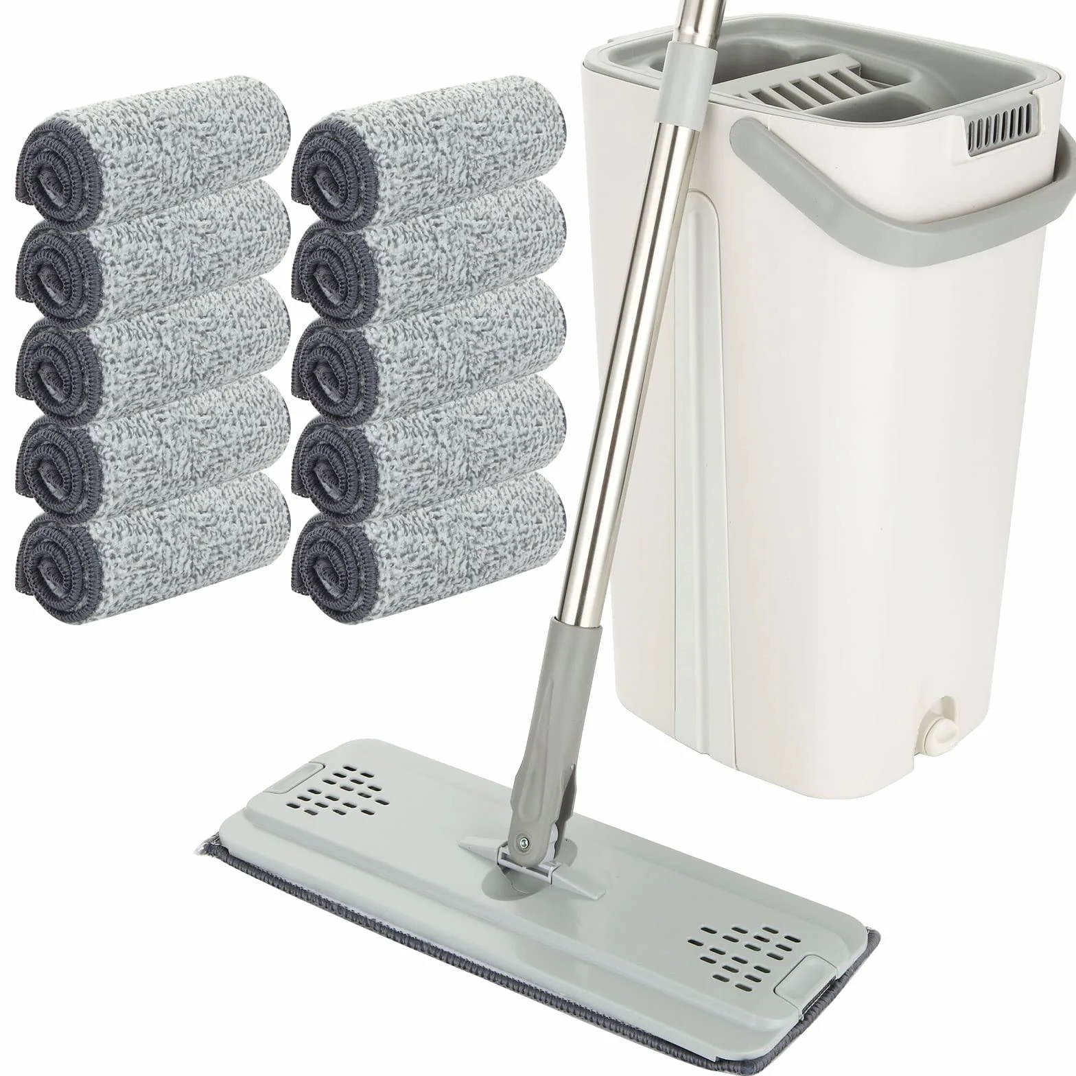 ASelected Płaski mop i wiadro z 10 podkładkami z mikrofibry, uchwyt ze stali nierdzewnej 123 cm, zestaw do mycia podłóg