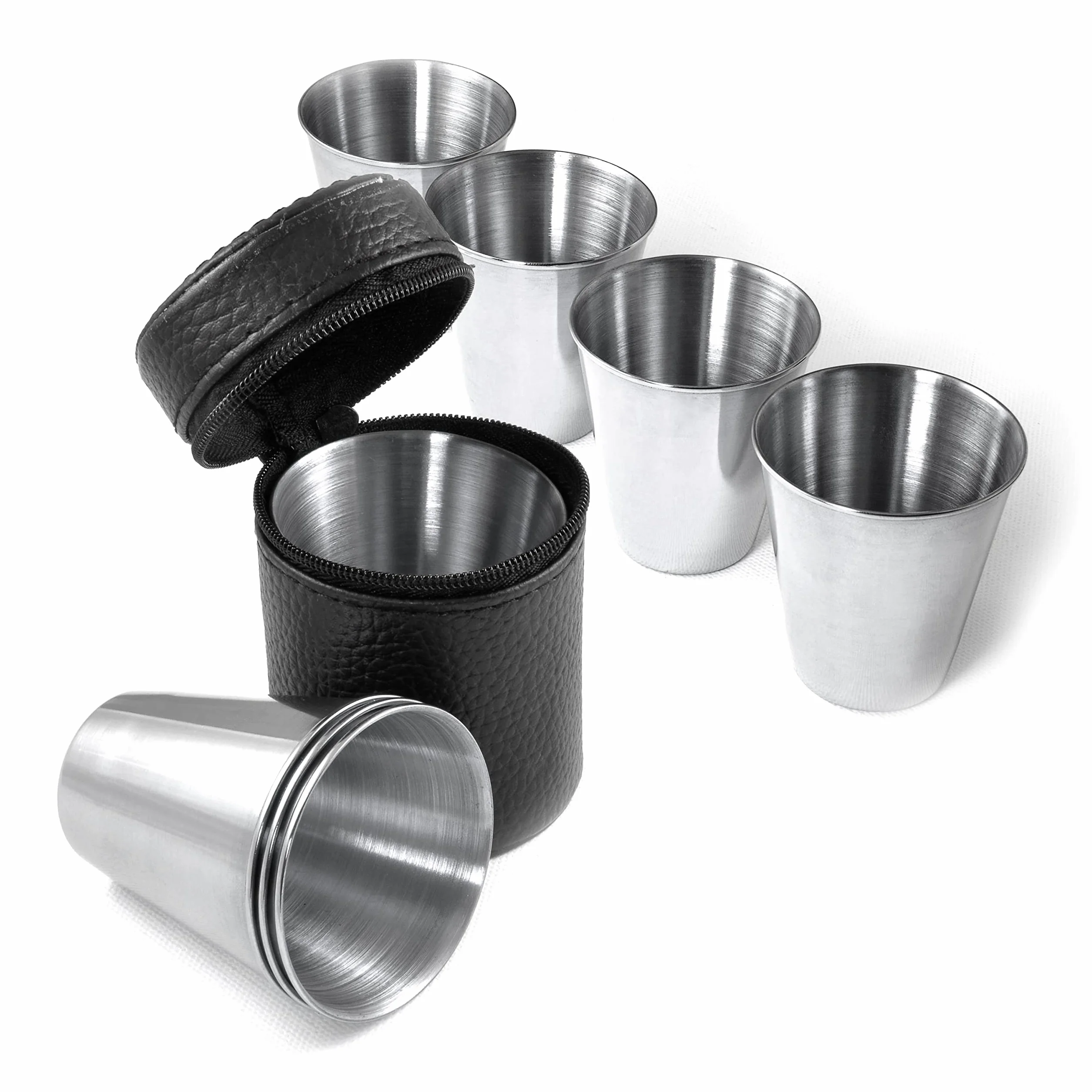 Kieliszki metalowe na shota 60 ml zestaw 4 szt stal nierdzewna srebrna skórzane etui