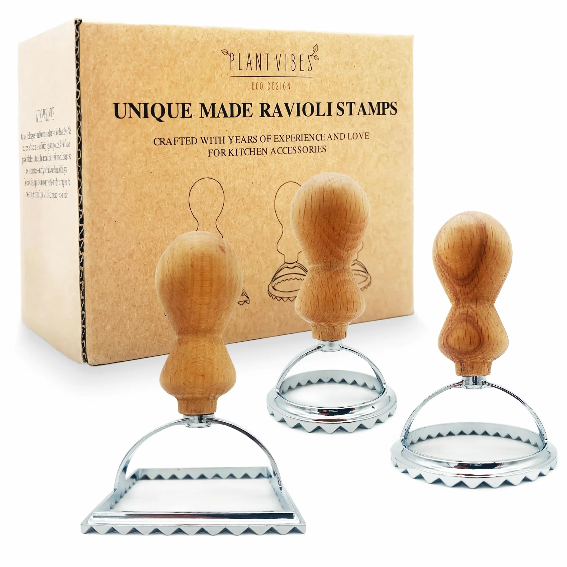 Plantvibes Zestaw 3 foremek do wycinania ravioli, 3 piękne foremki do ravioli z drewnianym uchwytem, pieczątka do ravioli i