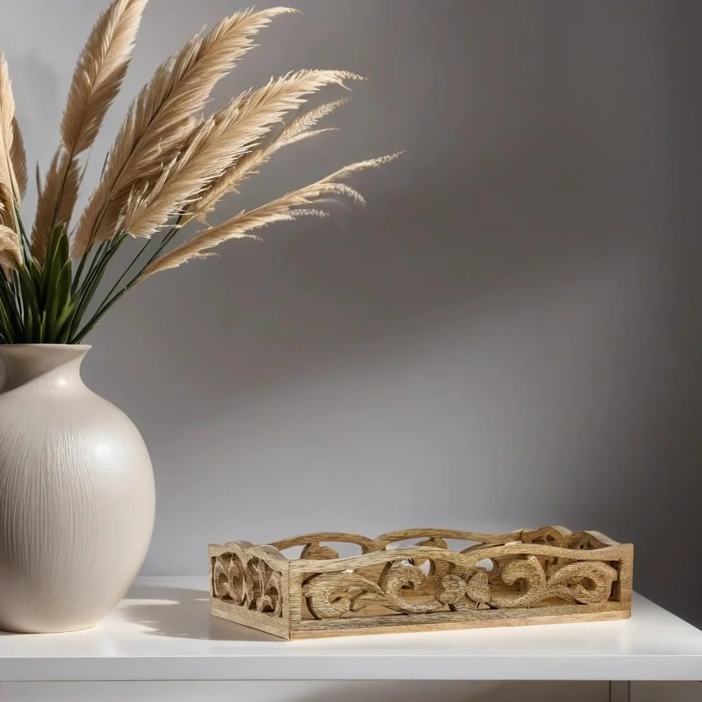 Marrakesch Boho dekoracyjna prostokątna drewniana taca do serwowania, 25 x 15 cm, brązowe drewno, 100% drewno, idealna do kuchni, salonu, dekoracji sypialni i śniadania w łóżku