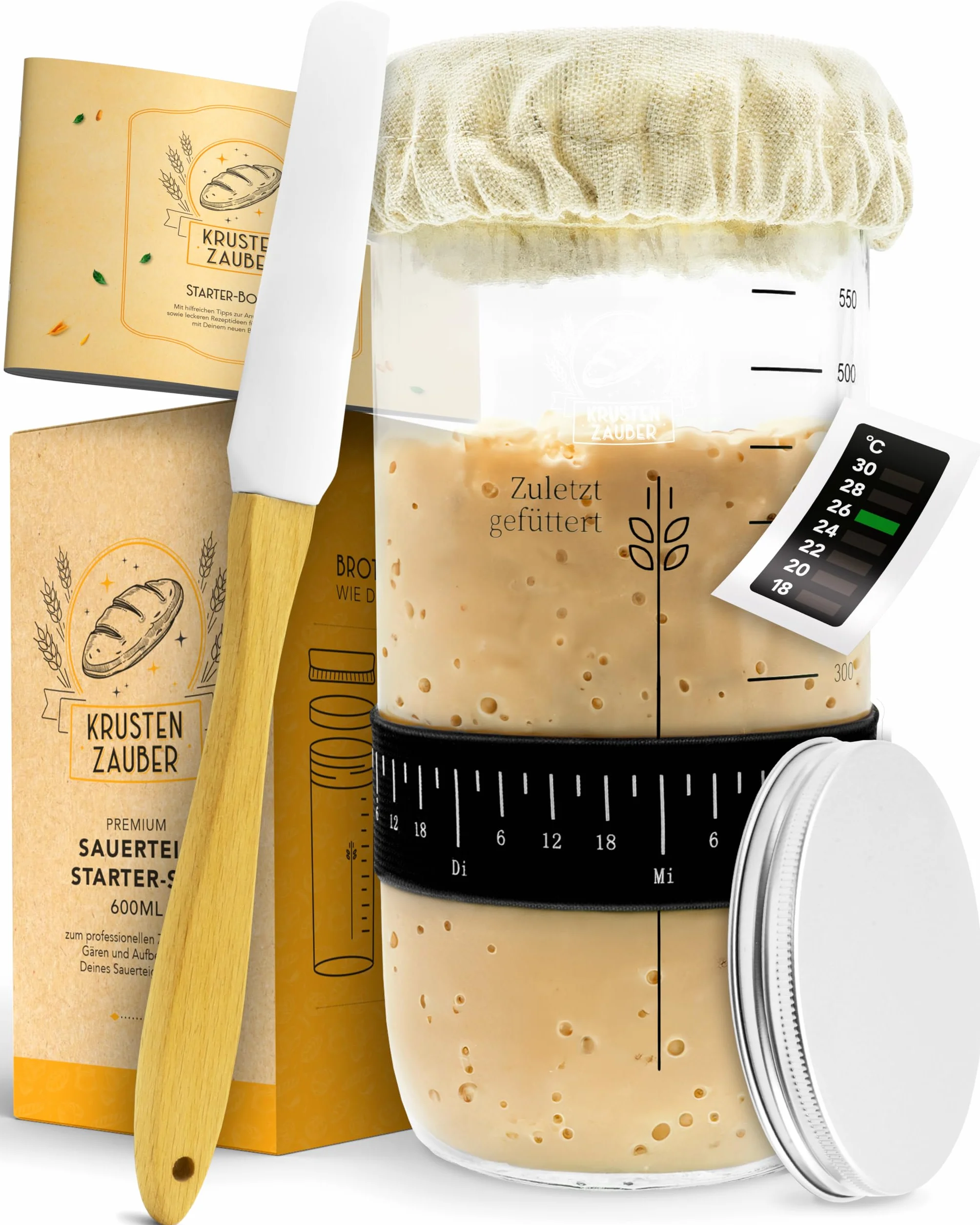KRUSTENZAUBER Zestaw do zakwasu na chleb 600 ml słoik fermentacji z łopatką i termometrem Akcesoria do pieczenia chleba
