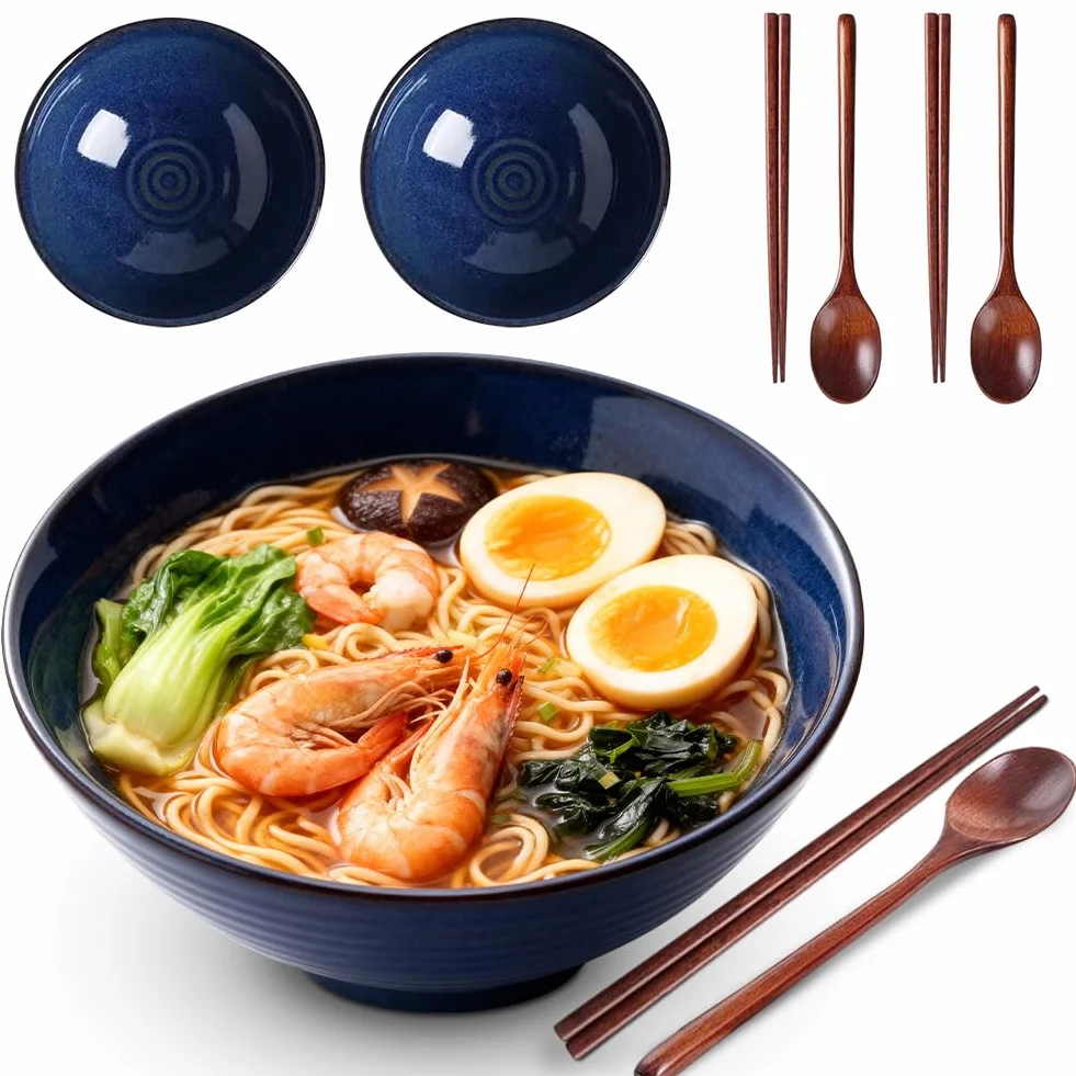 Zestaw misek Ramen, 2-częściowy zestaw misek do ramen z ceramiki, 1200 ml, z pałeczkami i łyżeczkami, duża miska na zupę, ramenu, makaronu, sałatki owocowej (niebieski)
