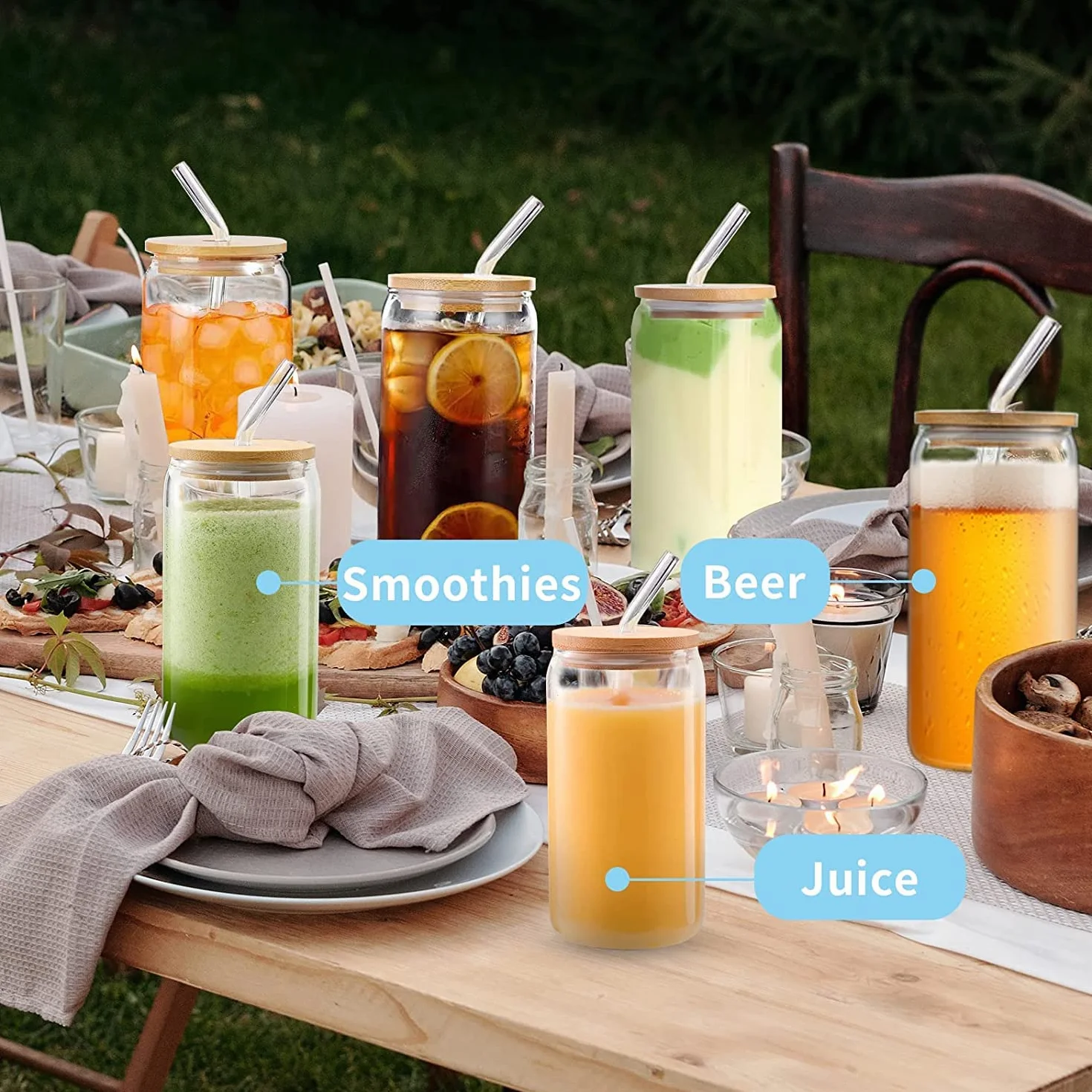 Szklanki do napojów z pokrywką i słomką, szklanki do kawy mrożonej 500 ml, estetyczne szklanki ze słomką, szklane kubki do smoothie, latte, macchiato, whisky (6 szt.)