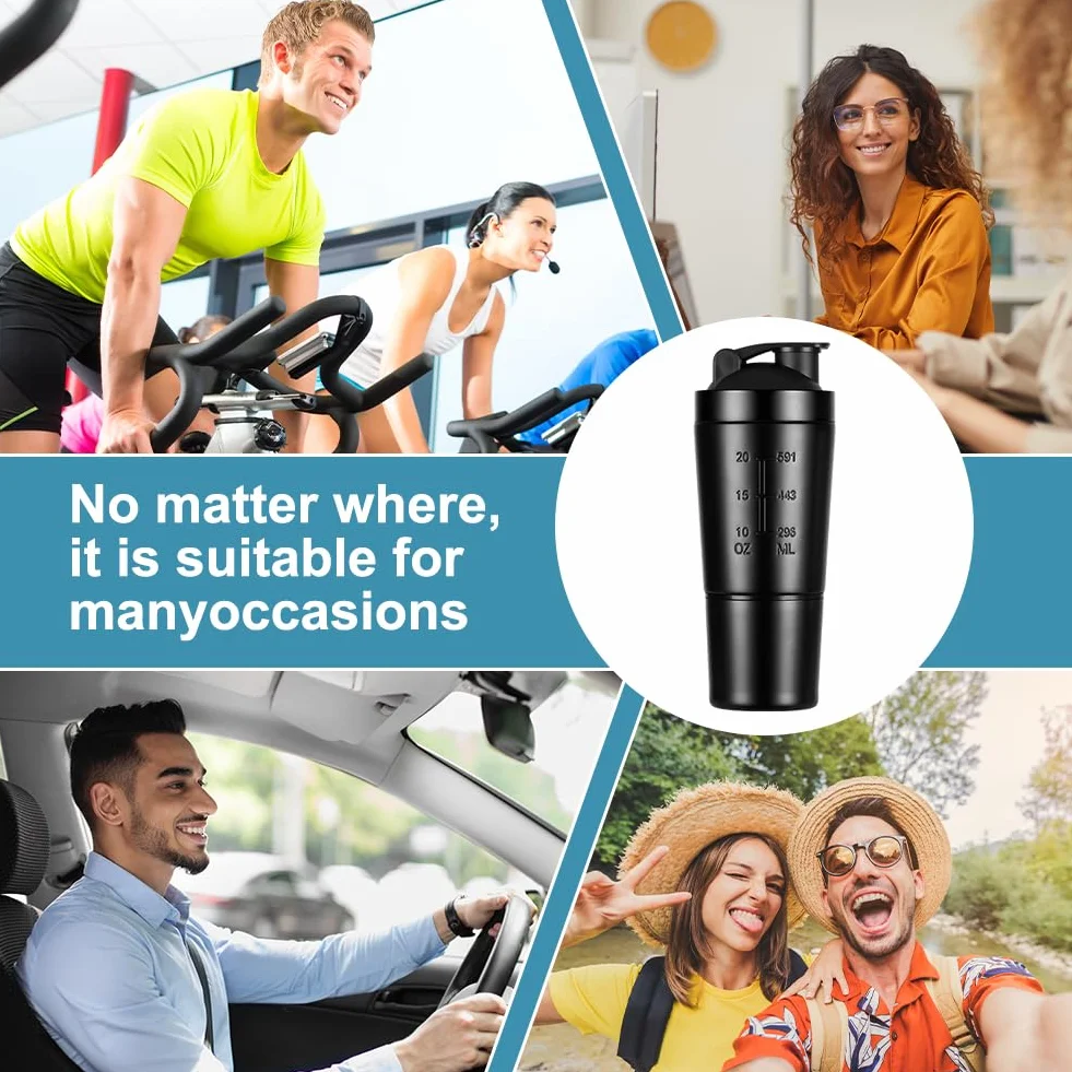 Shaker ze stali nierdzewnej, 700 ml, dodatkowy 200 ml pojemność, odporny na wyciek/bez BPA, do diety i fitnessu