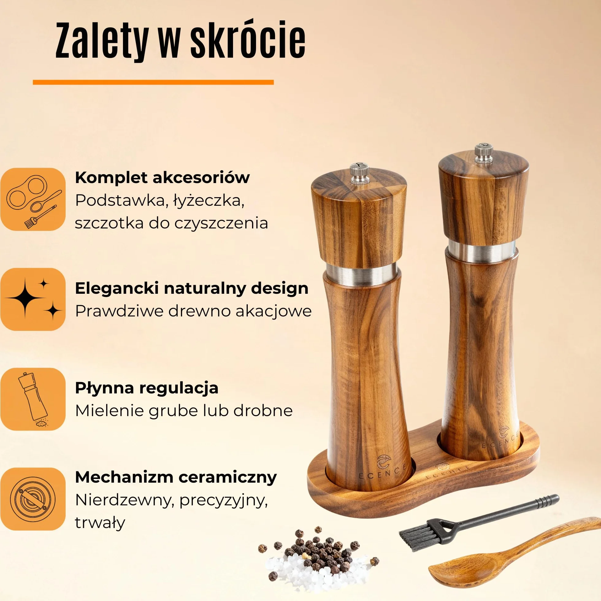 ECENCE Zestaw 2 młynków z drewna akacjowego do soli i pieprzu - z ceramicznym mechanizmem, inkl. pędzelka do czyszczenia i podstawki