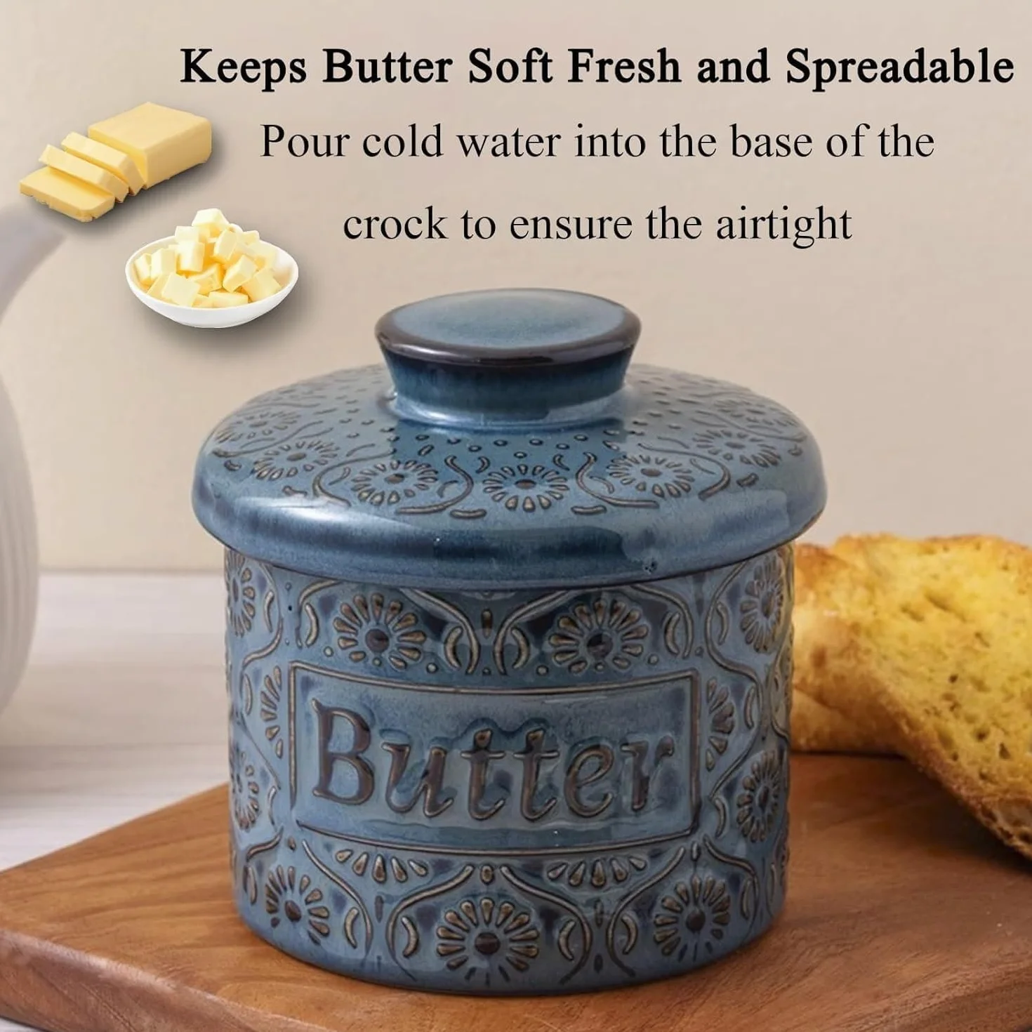 Naczynie na masło, Ceramic Butter Dish With Lid, French Vintage Pottery Crock for Spreadable Keeper