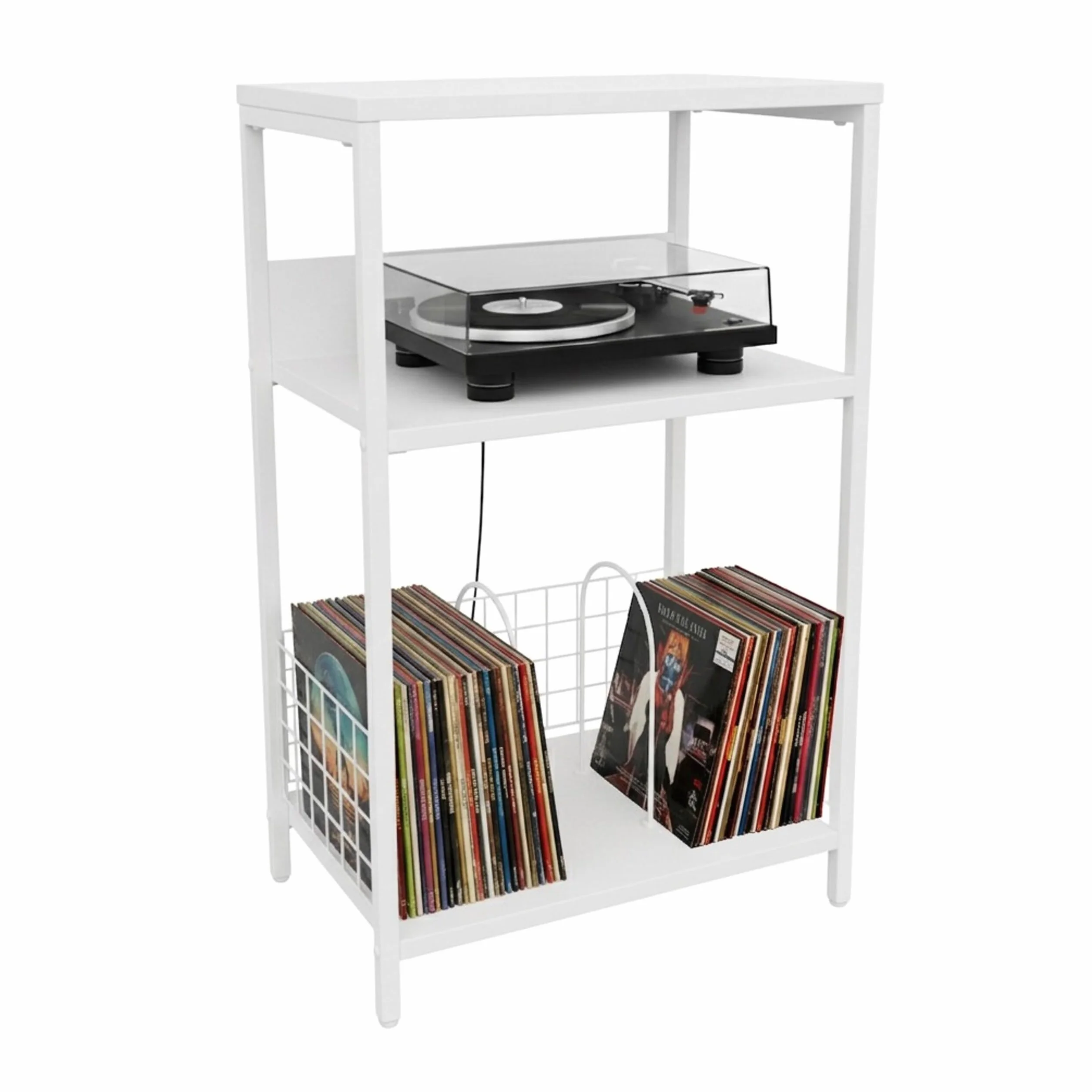 Relaxdays Stojak na płyty 3 poziomy z przegrodami żelazo/MDF 65x40x30 cm biały