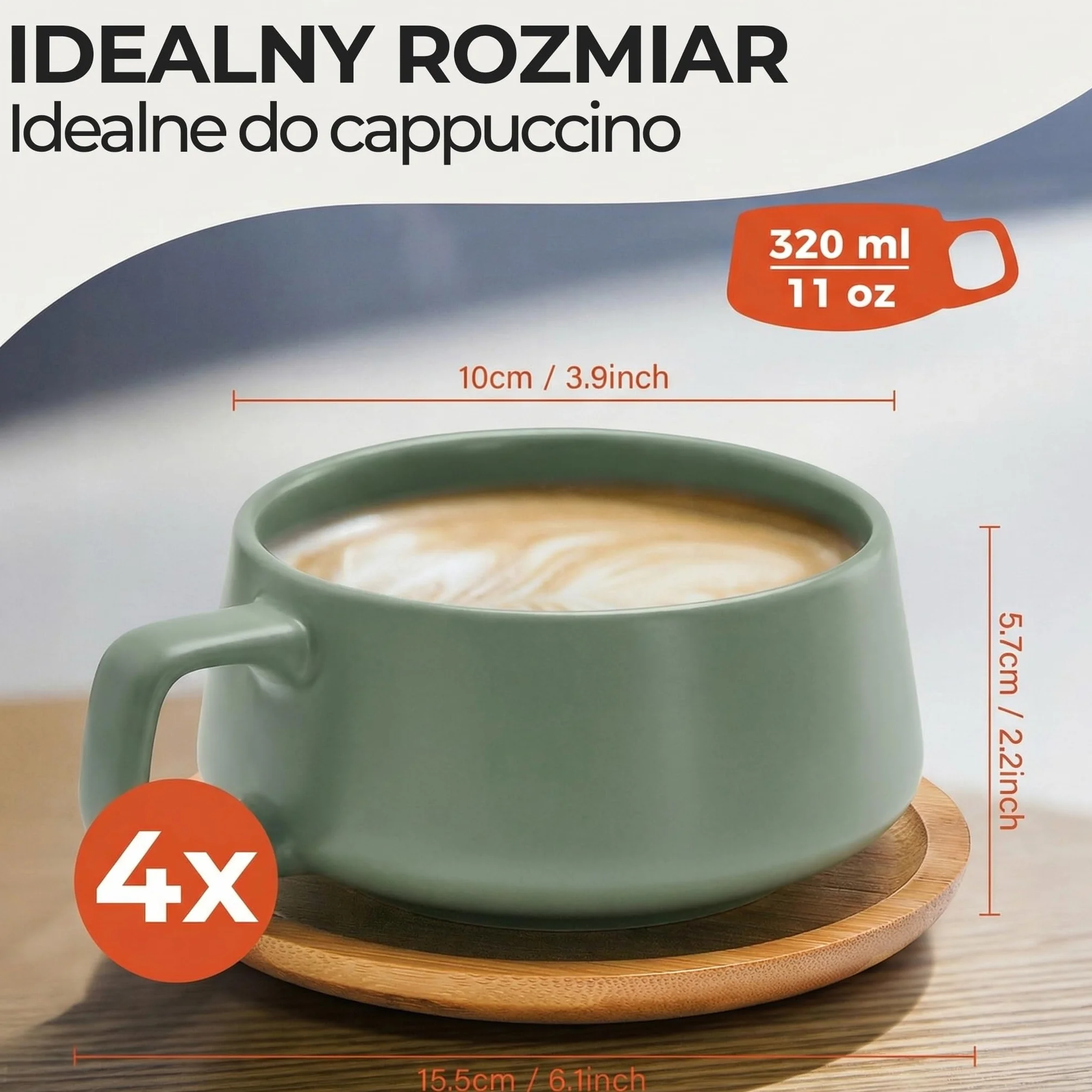 Filiżanki Ceramiczne 320 ml Zestaw 4 - Kubki do Kawy Herbaty Cappuccino z Spodkami Bambusowymi