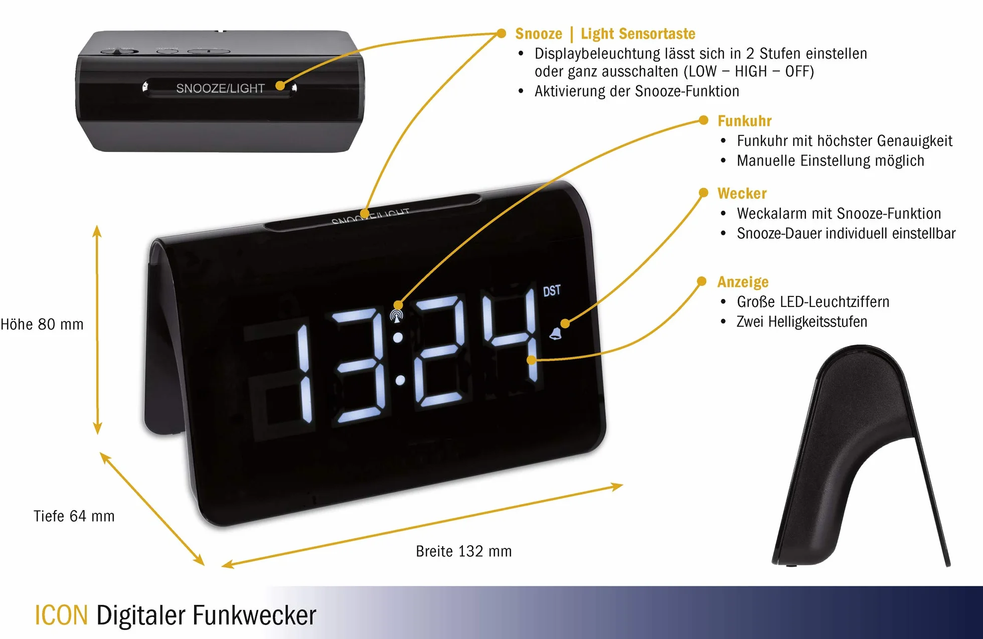 TFA Dostmann ICON cyfrowy budzik radiowy, 60.2543.02, zegar radiowy, tworzywo sztuczne, czarny, dł. 140 x szer. 120 x wys. 120 mm