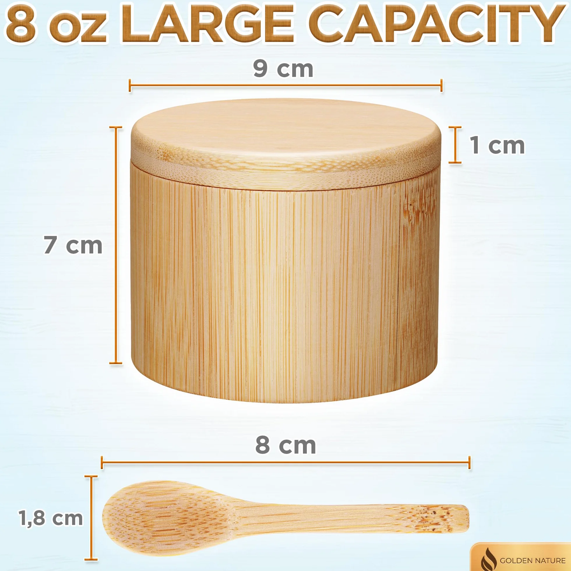 Pojemnik na sól Golden Nature z bambusa z obrotową pokrywką i magnesem do łatwego otwierania i zamykania. Piwniczka na sól z łyżeczką do przechowywania soli