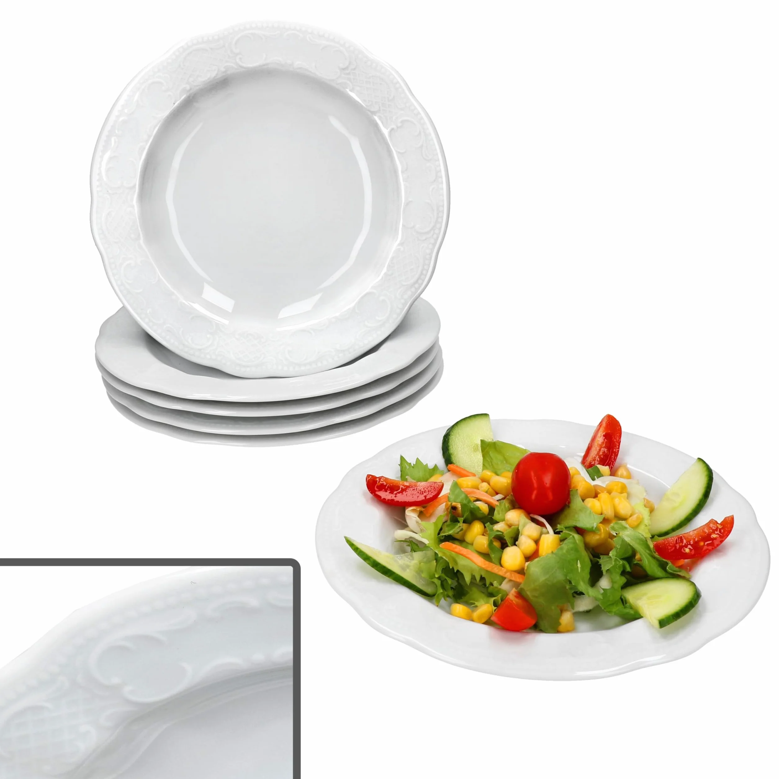 Seltmann Weiden Salzburg 6-częściowy zestaw talerzy do sałatek, 100 ml, białe, głębokie talerze porcelanowe z reliefem dla 6 osób, talerze do zupy, makaronu itp.