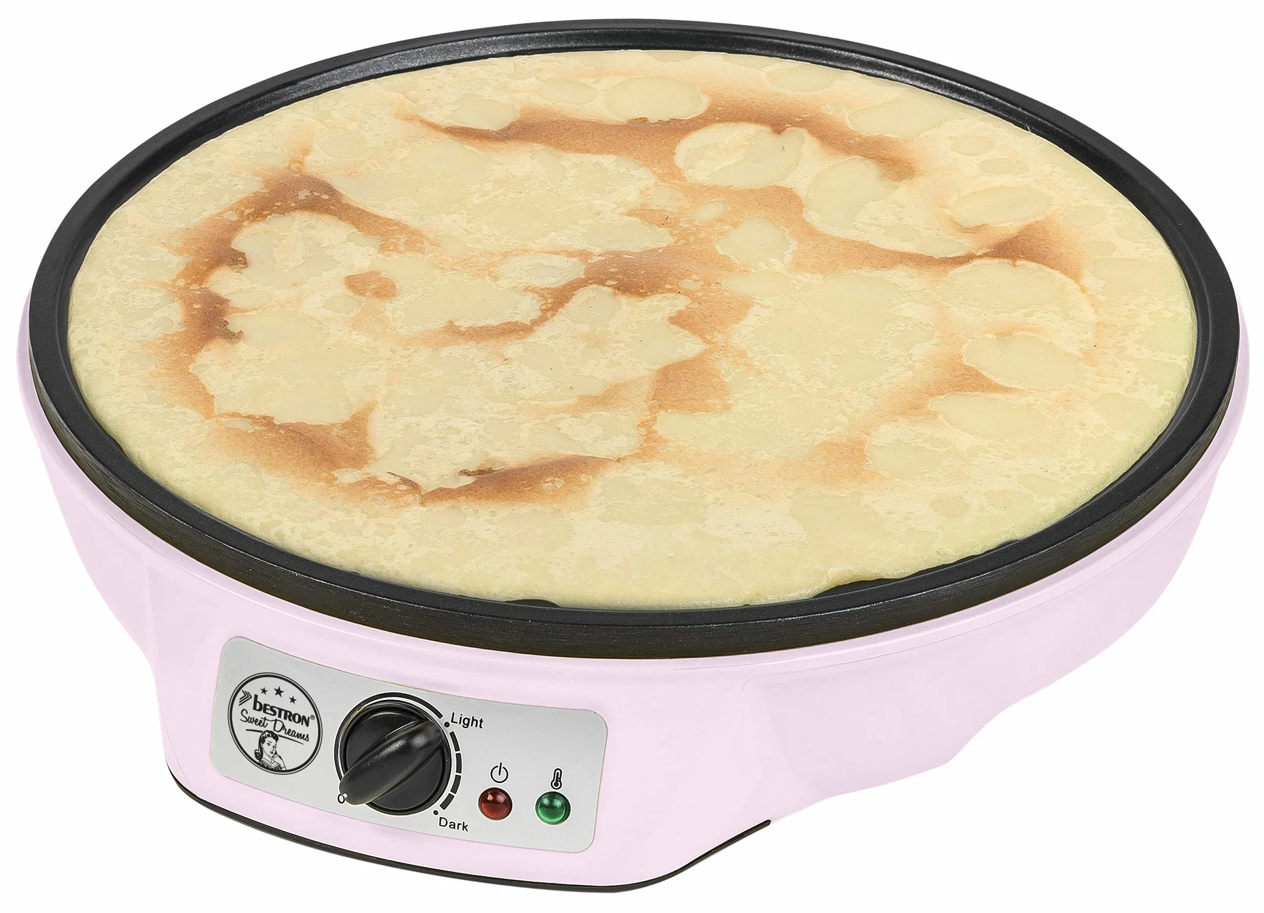 Bestron Crepes Maker, Urządzenie do robienia naleśników o średnicy 30 cm, w komplecie Rozdzielacz do ciasta i łopatka do przewracania naleśników, z powłoką nieprzywierającą, Kolor: Różowy