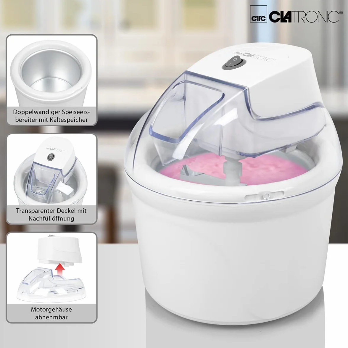 Clatronic Maszyna do robienia lodów ICM 3764, nadaje się do przygotowania sorbetu, lodów i mrożonego jogurtu, do 1500 ml lodów, biały