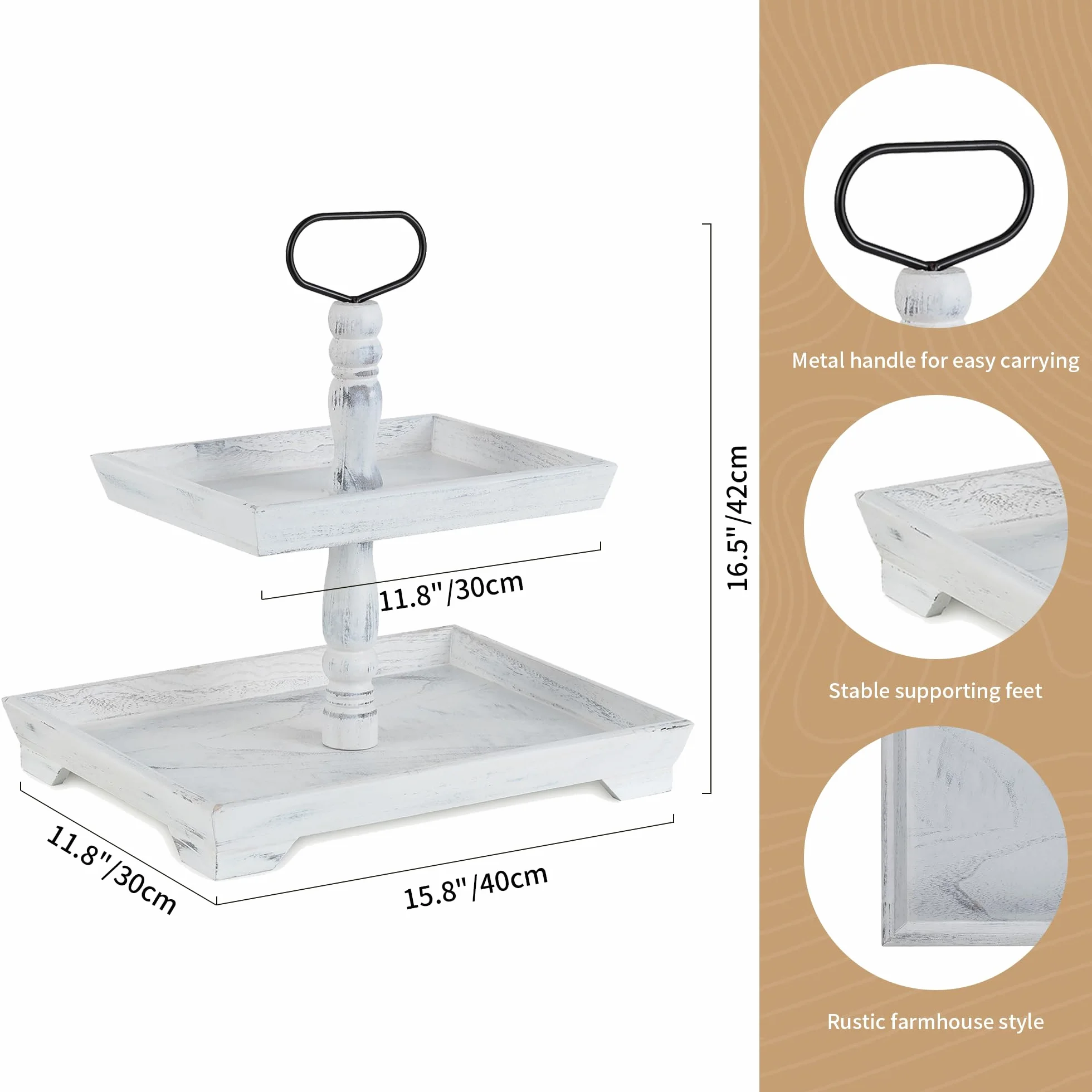Hanobe Tiered Tray for Table Decor: 2 Tier Serving Stand Farmhouse Decorative Tray for Coffee Bar Centerpiece Rectangle Wood Display Stands Kitchen Counter (Rustic White)
