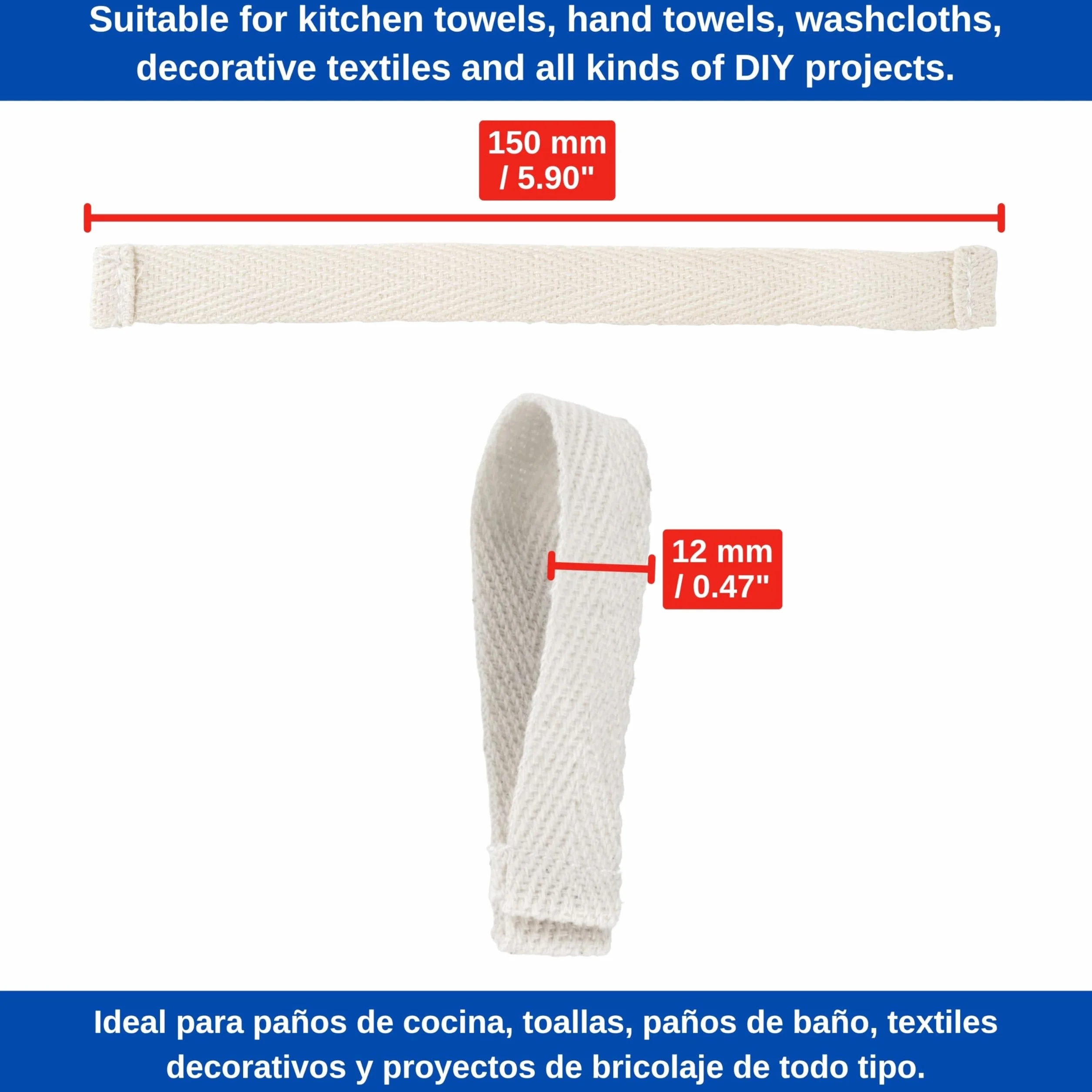 Wieszak na ręczniki do szycia, 24 sztuki, 150 x 12 mm, w kolorze białym, z bawełny, zawijane i zszyte końce, zestaw wieszaków na ręczniki do naczyń, ręcznik, szmatki, dekoracje, kemping