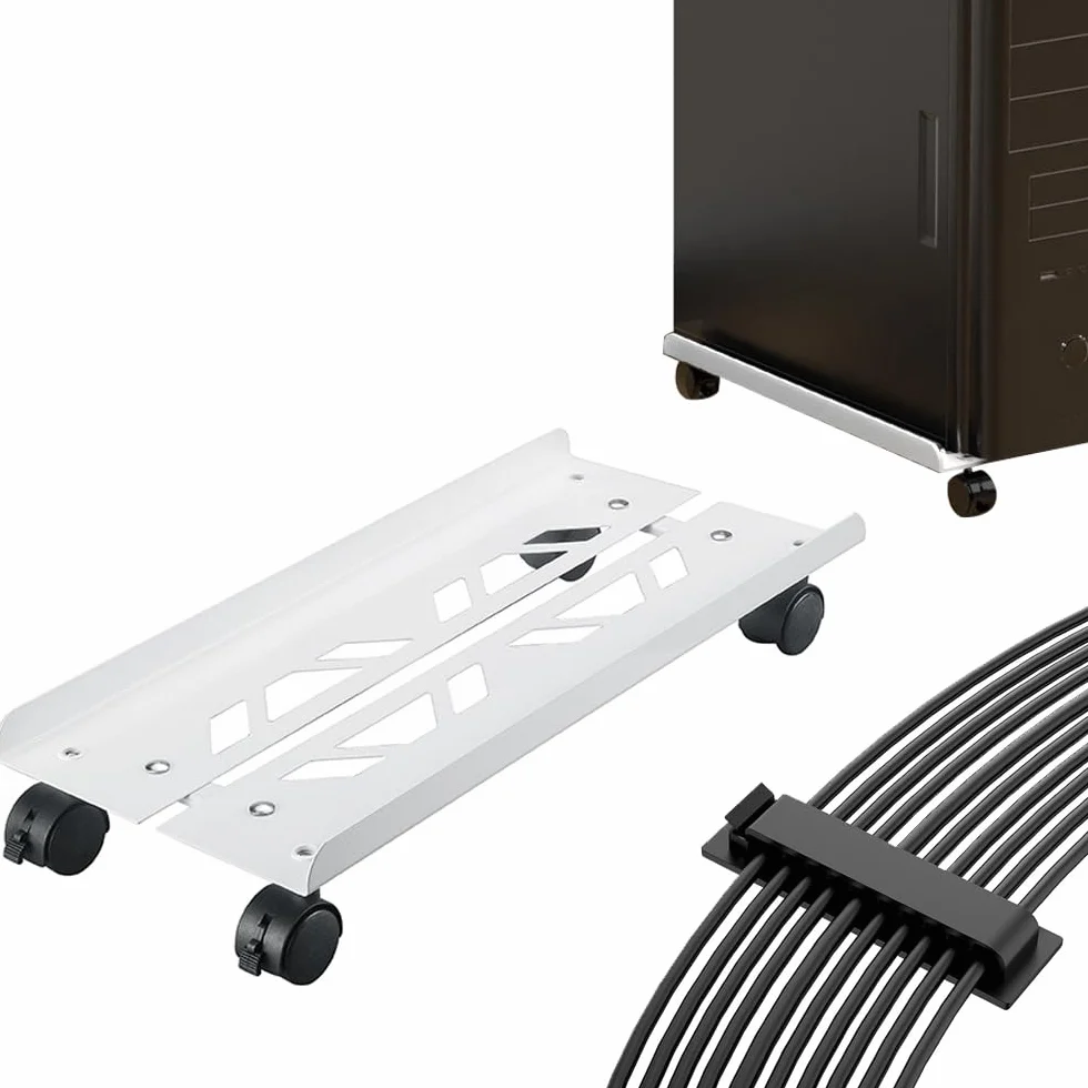 stojak na PC Case biały z 4 kółkami regulowany uchwyt CPU samoprzylepny klip na kabel