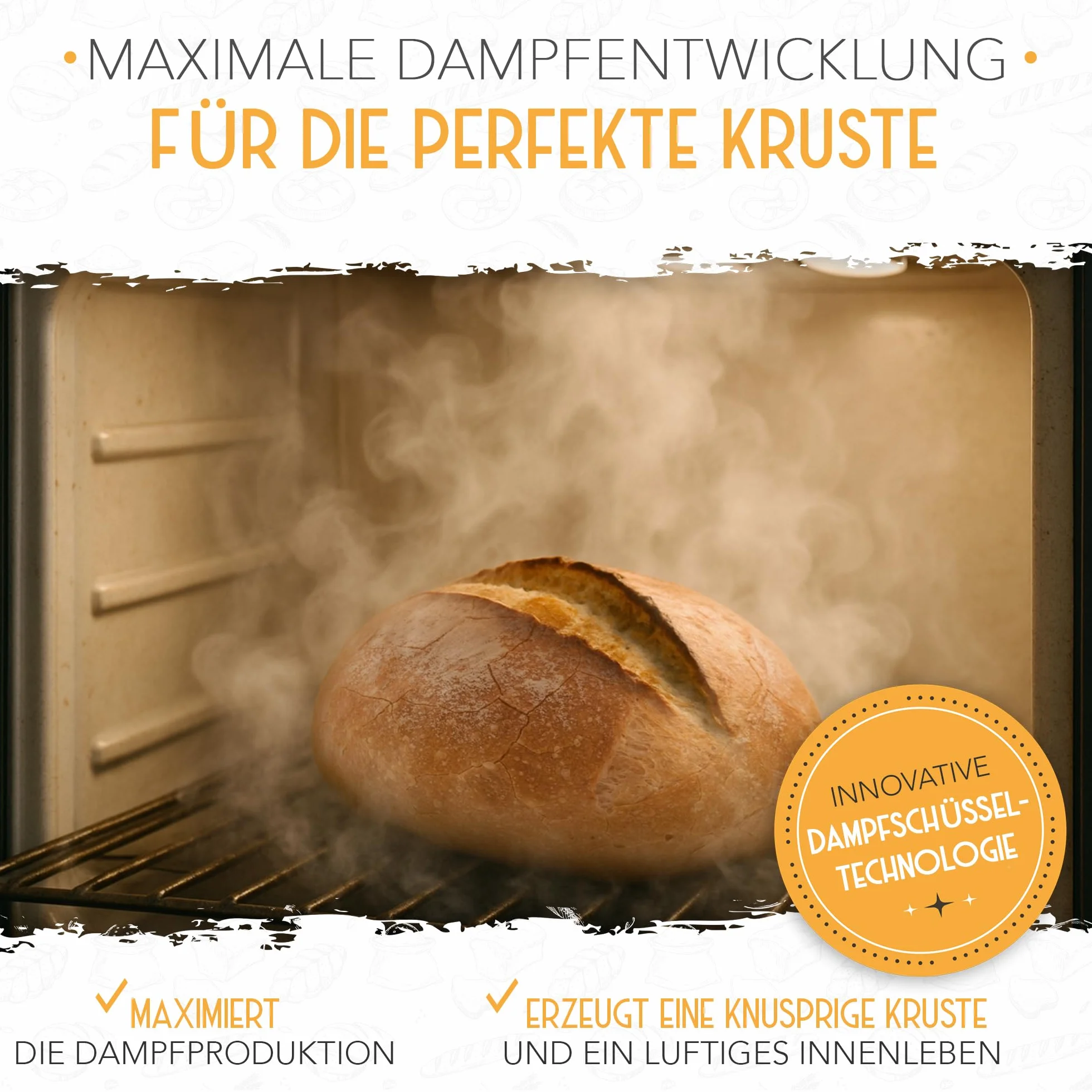 KRUSTENZAUBER Kamienie lawowe do pieczenia chleba, w zestawie miska na parze ze stali nierdzewnej dla optymalnego rozprowadzania ciepła dzięki naturalnej parze wodnej, akcesoria do chleba chrupiącego