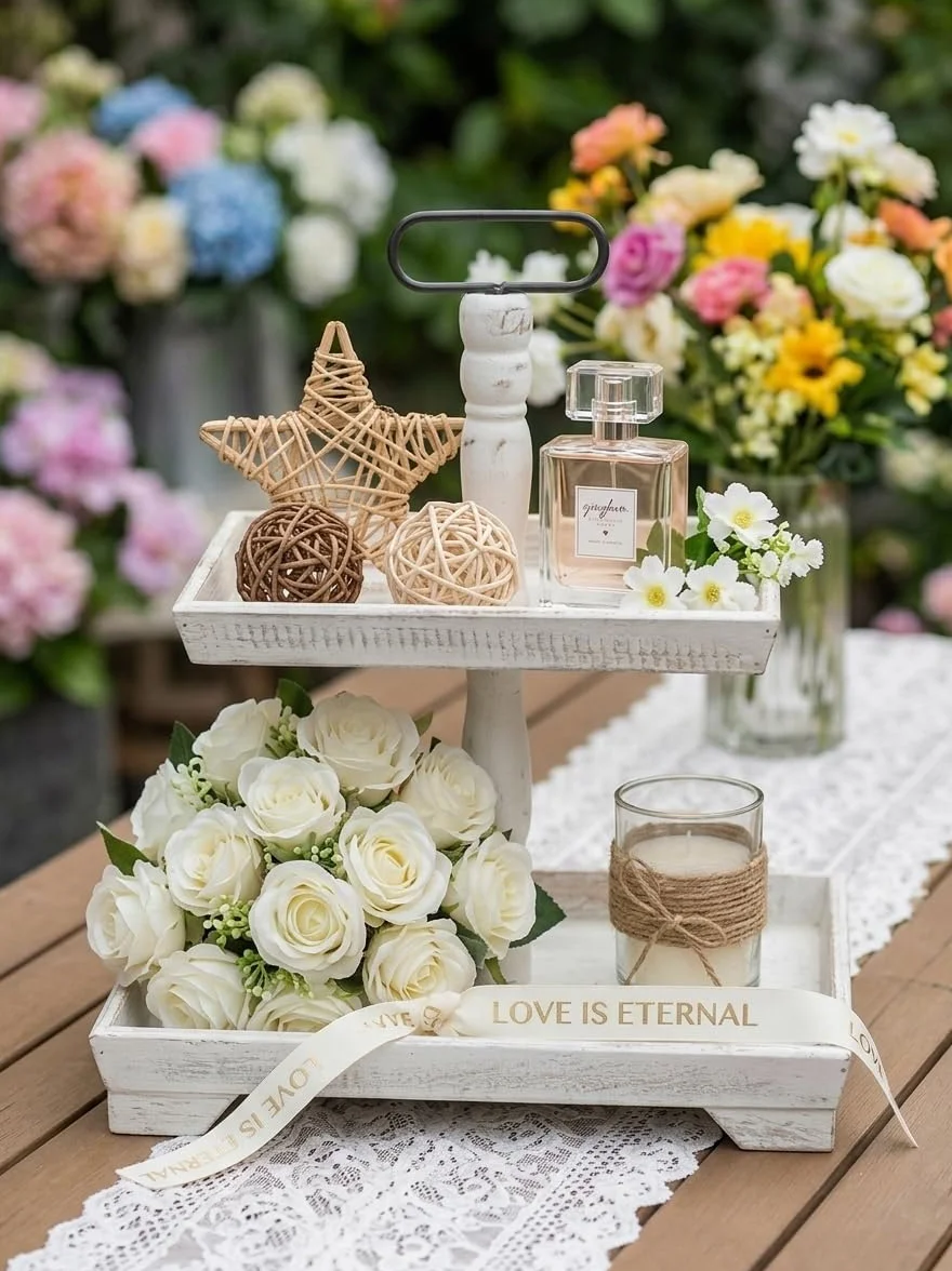 Hanobe Tiered Tray for Table Decor: 2 Tier Serving Stand Farmhouse Decorative Tray for Coffee Bar Centerpiece Rectangle Wood Display Stands Kitchen Counter (Rustic White)