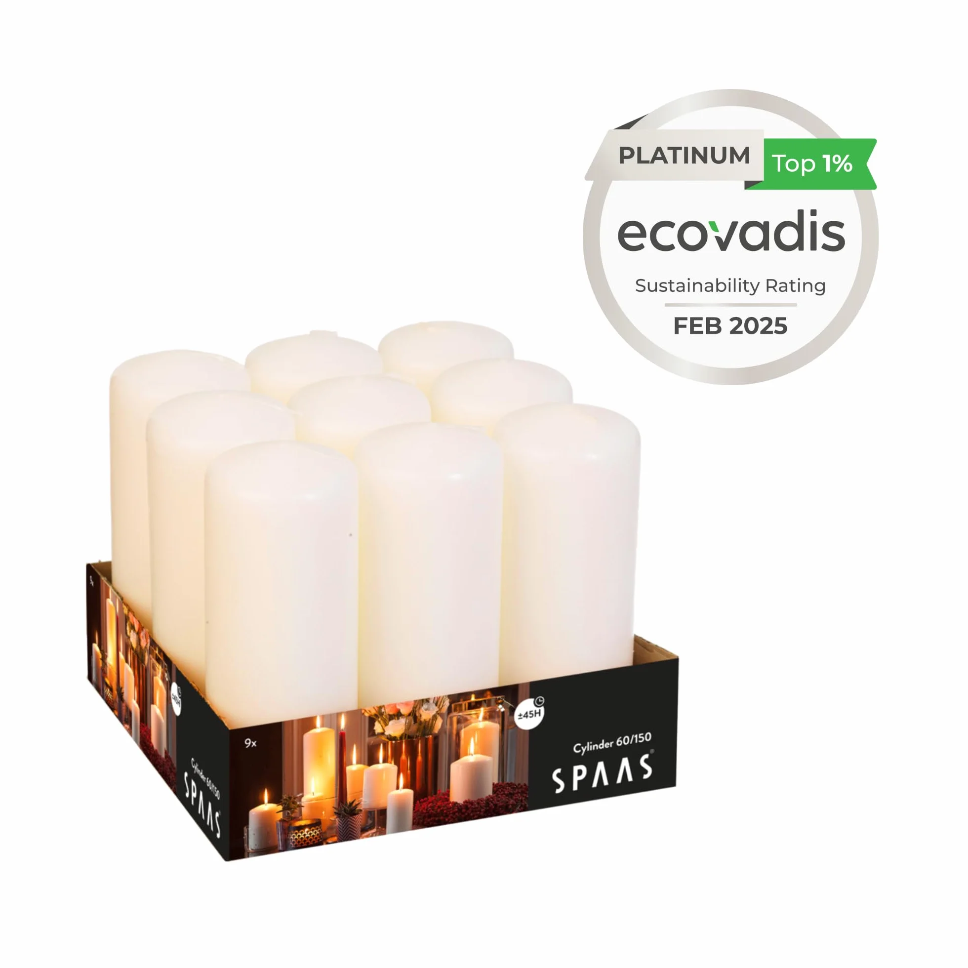 Spaas Tray of 9 Unscented Pillar Candles 60/150 mm, 45 Hours, Ivory
