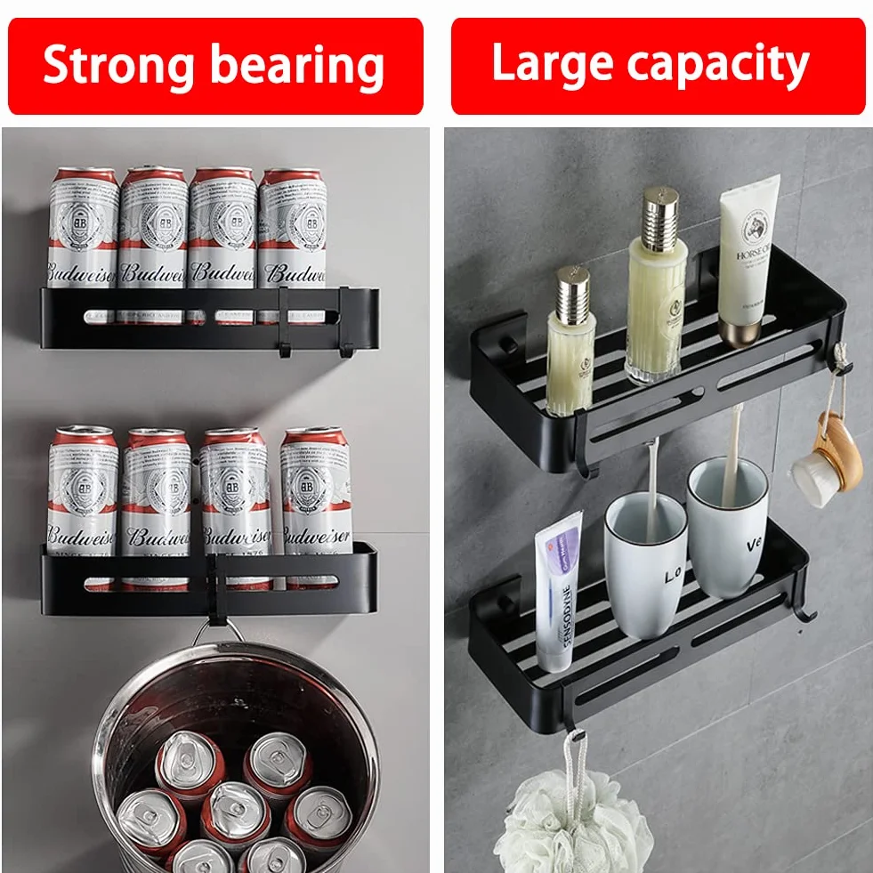 Półki łazienkowe bez wiertła z wyjmowanymi hakami Aluminiowy klej na prysznic(Czarny kwadrat)