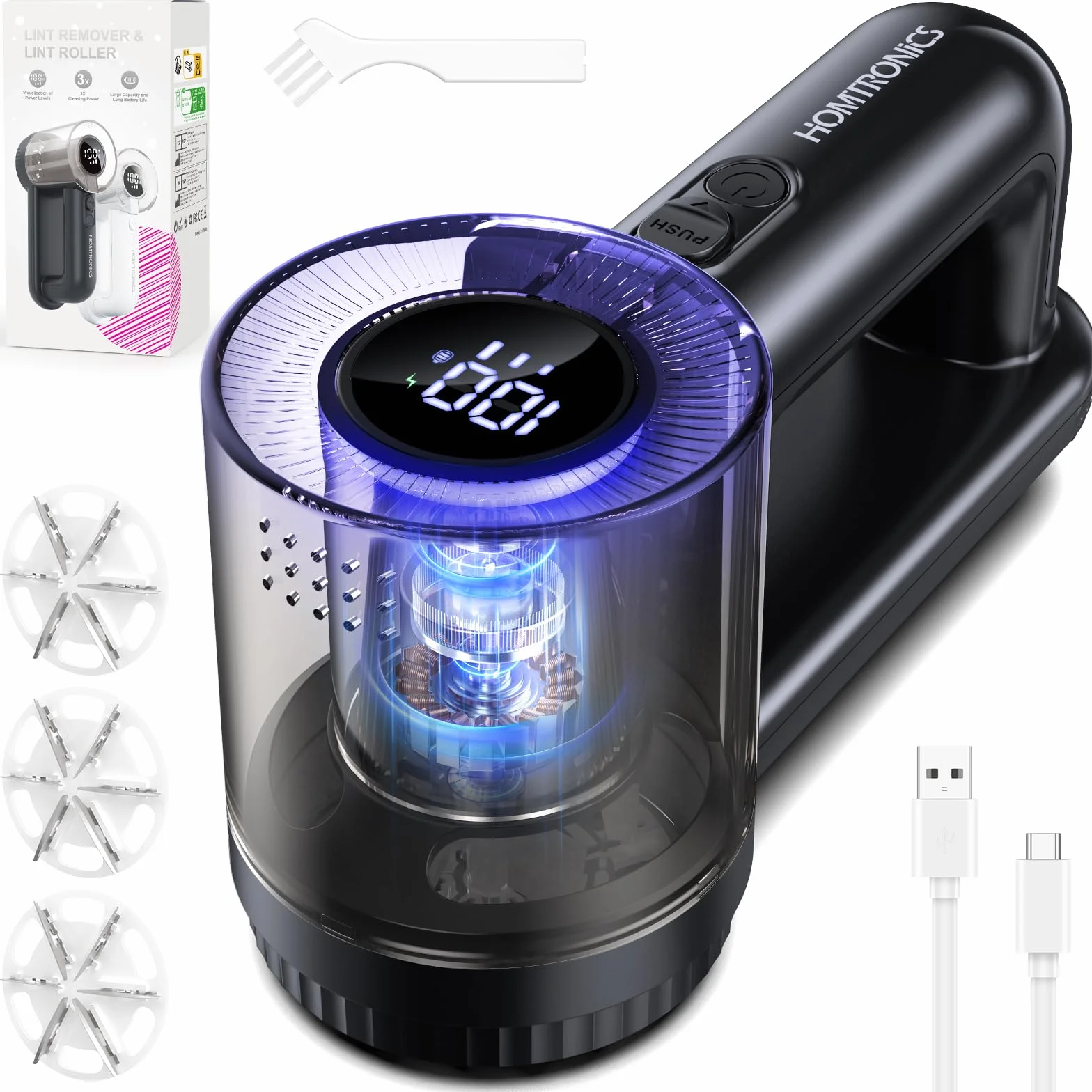 Elektryczna Golarka do Kłaczków,[ładowanie przez USB]Homtronics Golarka do Tkanin z Ubrań i Mebli, Wyświetlacz LED, golarka do kłaczków z 6-ostrzową głowicą do ubrań, sof, dywanów