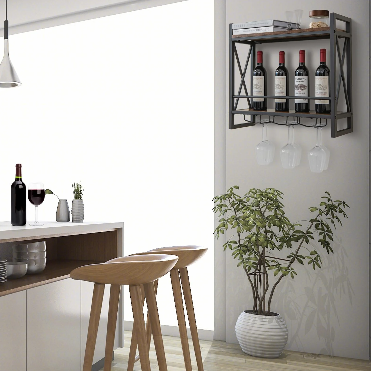 KOMFOTTEU Regał ścienny na wino drewniany z metalową ramą 60 x 20 x 55 cm