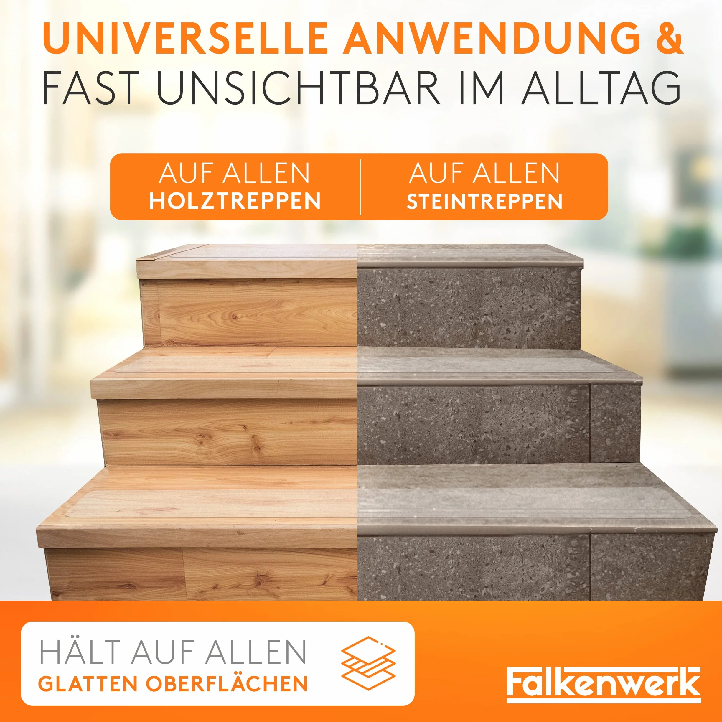 FALKENWERK Paski antypoślizgowe do schodów (20 sztuk), samoprzylepne i przezroczyste paski antypoślizgowe, 15 x 90 cm, wodoszczelna, antypoślizgowa, z wałkiem łopatkowym