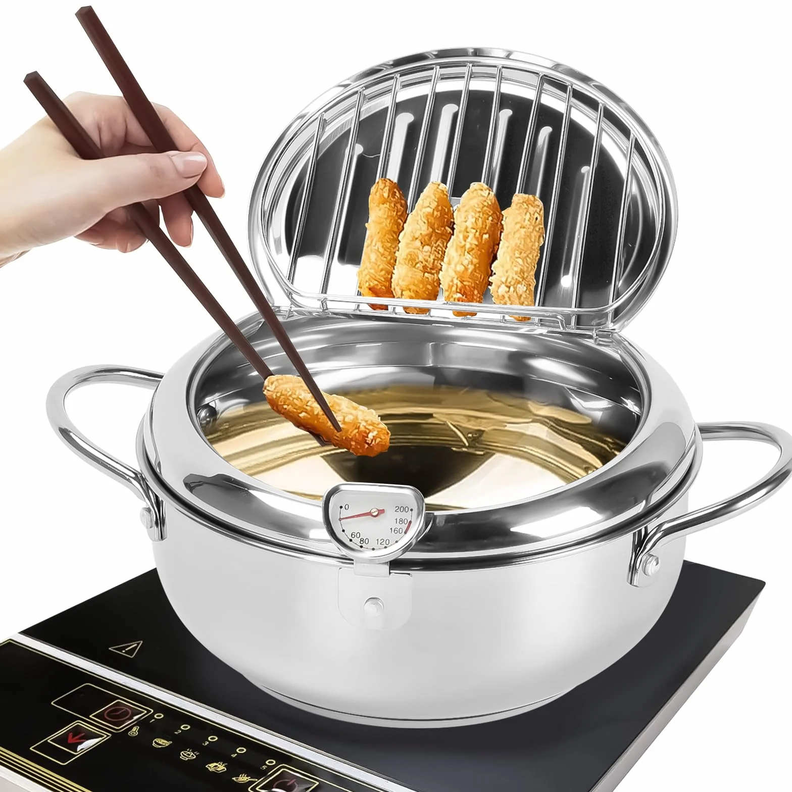 Garnek do smażenia ze stali nierdzewnej 304, japońska frytkownica z termometrem 24 cm