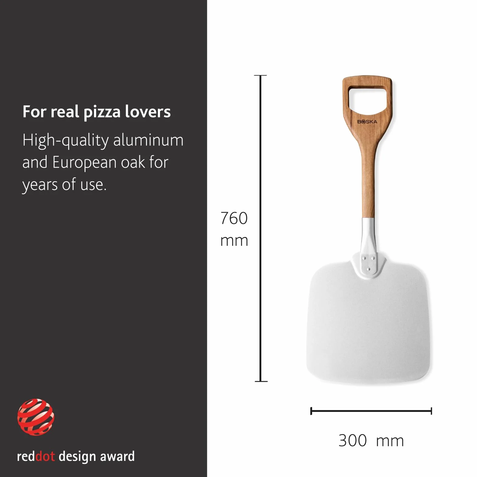 Boska Łopata do pizzy/Krótki i opatentowany uchwyt/Do obsługi jedną ręką/Aluminium i drewno dębowe / 30×74×3 cm