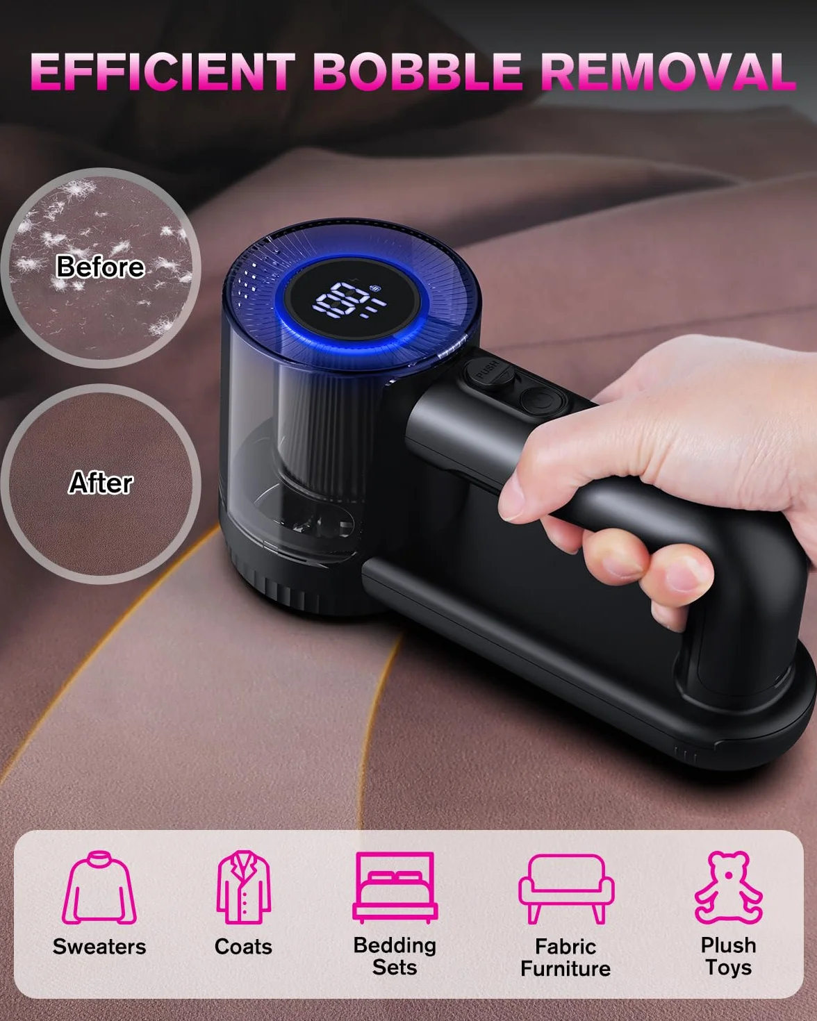 Elektryczna Golarka do Kłaczków,[ładowanie przez USB]Homtronics Golarka do Tkanin z Ubrań i Mebli, Wyświetlacz LED, golarka do kłaczków z 6-ostrzową głowicą do ubrań, sof, dywanów