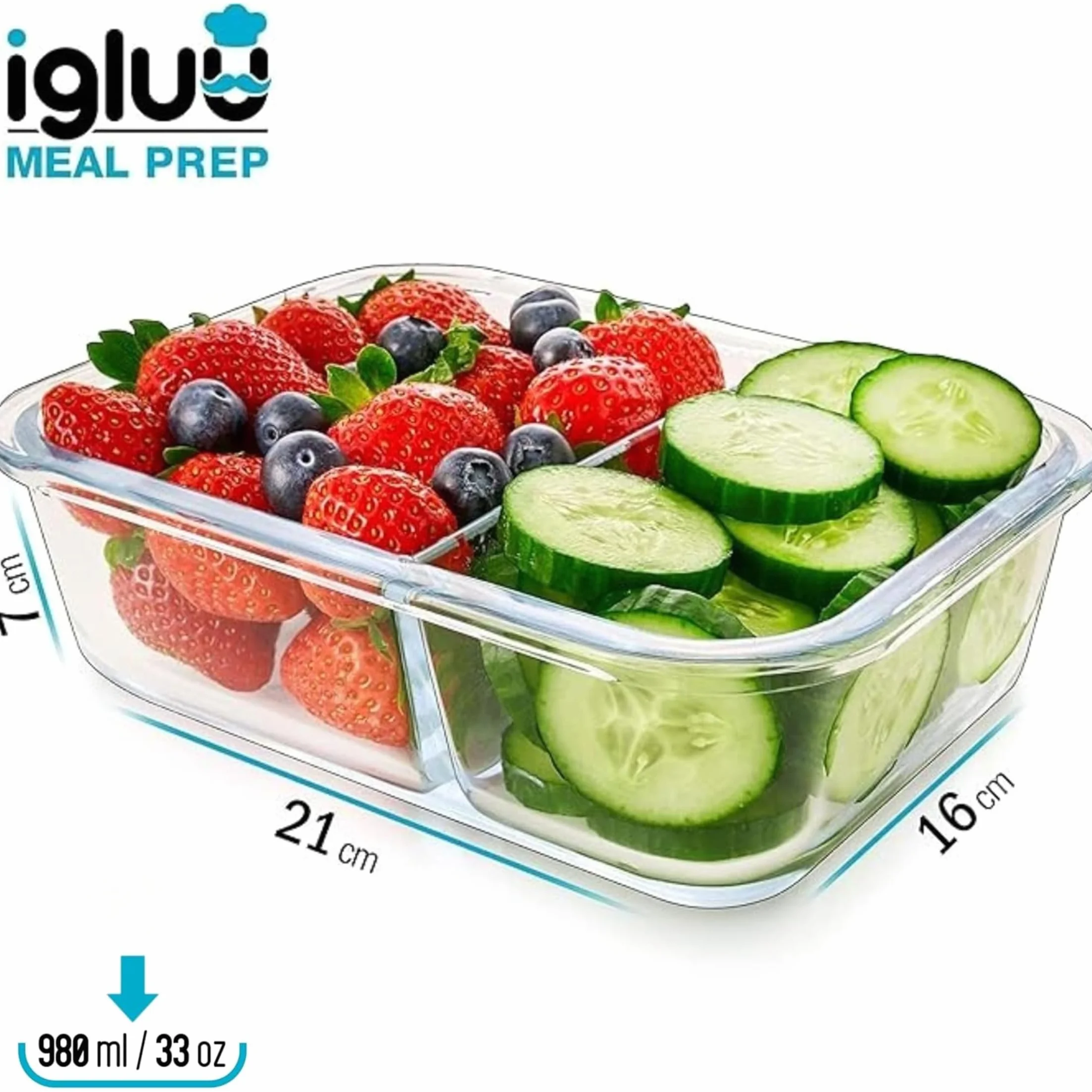 Igluu Meal Prep – Szklane pojemniki na żywność z pokrywkami (3 szt.) – 2 komory – Hermetyczne, Bez BPA – Do piekarnika, mikrofalówki, zamrażarki i zmywarki – 980 ml – Szkło borokrzemowe