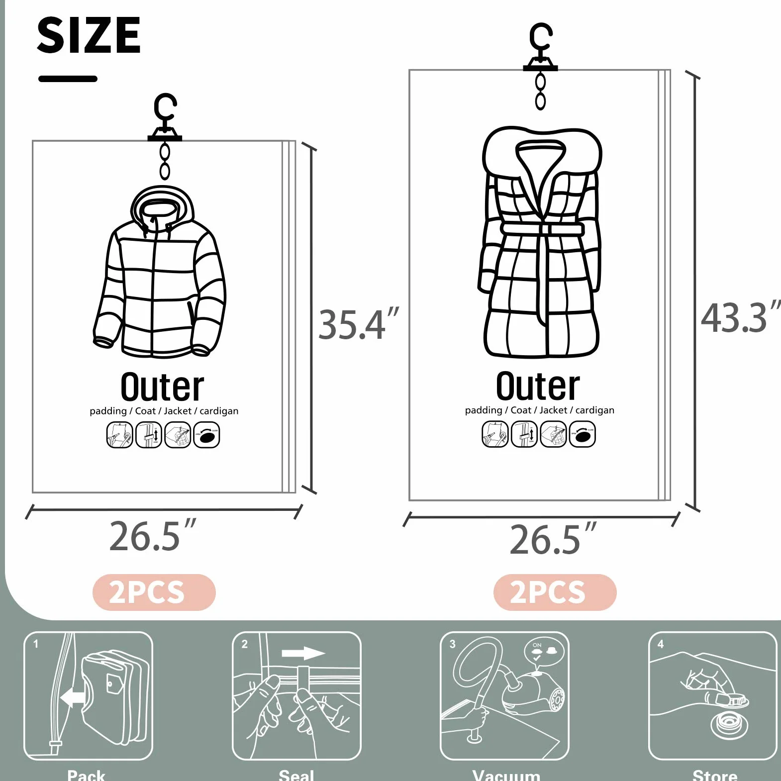 Meetall 4-pak wiszących worków próżniowych wielokrotnego użytku oszczędzająca miejsce skompresowana torba z wieszakami. 2 szt. 67 x 90 cm i 2 szt. 67 x 110 cm. Pasuje do każdego odkurzacza.