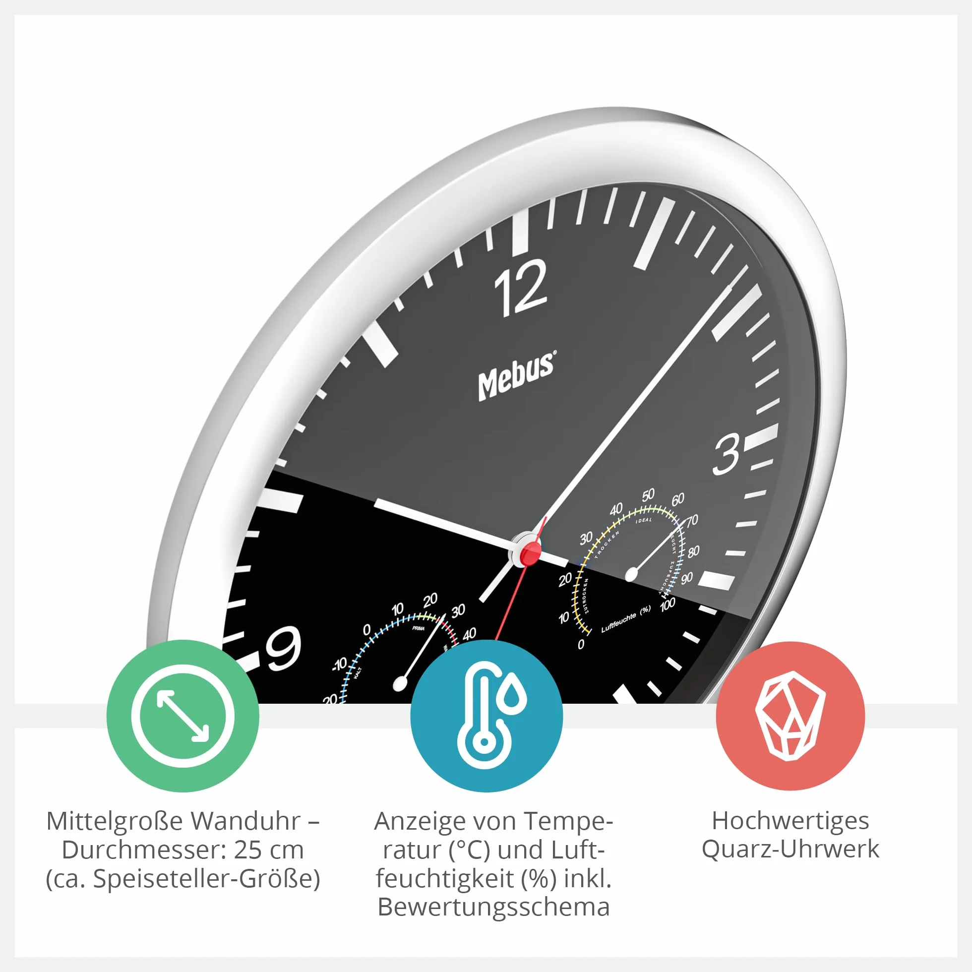 MEBUS Quarz-Wanduhr mit Thermometer und Hygrometer/silberner Rahmen/schwarzes Zifferblatt / 25cm Durchmesser/Rund/Modell: 56731 / Farbe: Silber, Schwarz
