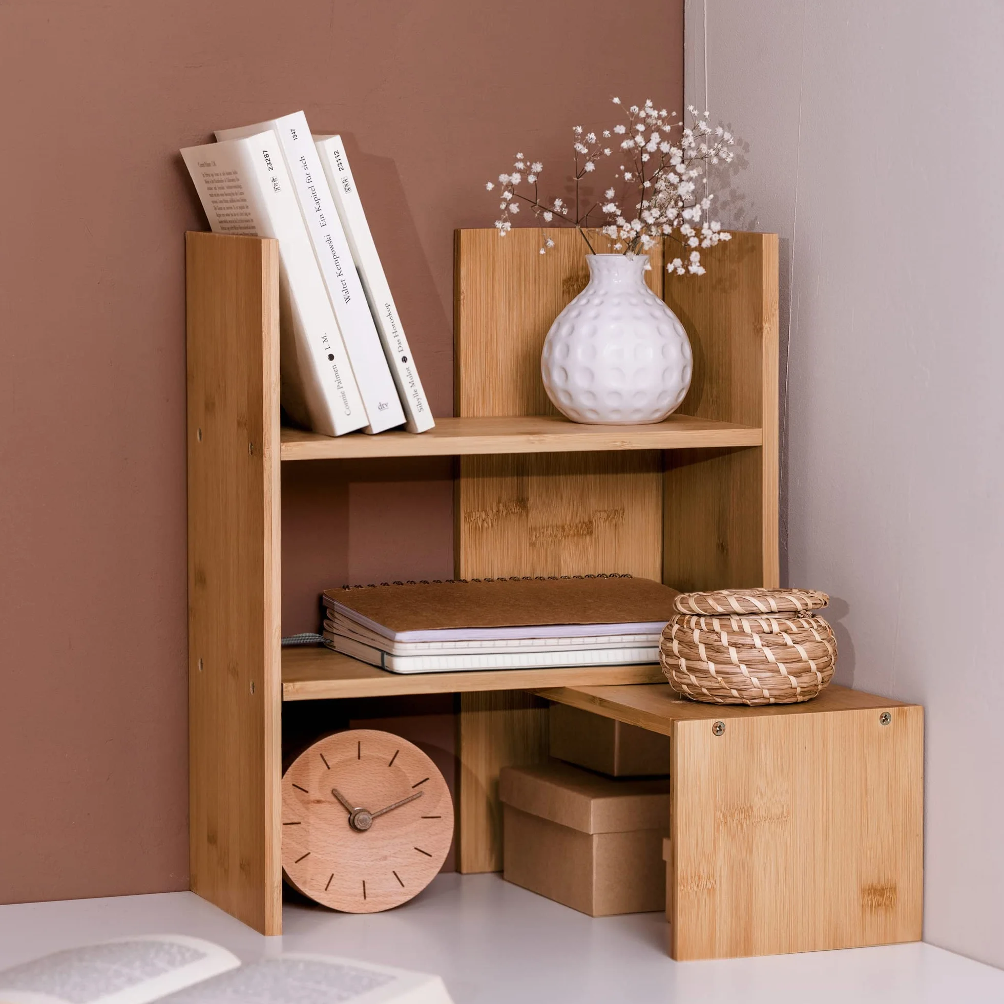 Navaris Bambusowy organizer na biurko, 51 x 15,5 x 40 cm, regulowany system porządkowania – regał narożny do kuchni, biura, łazienki, nadstawka regału