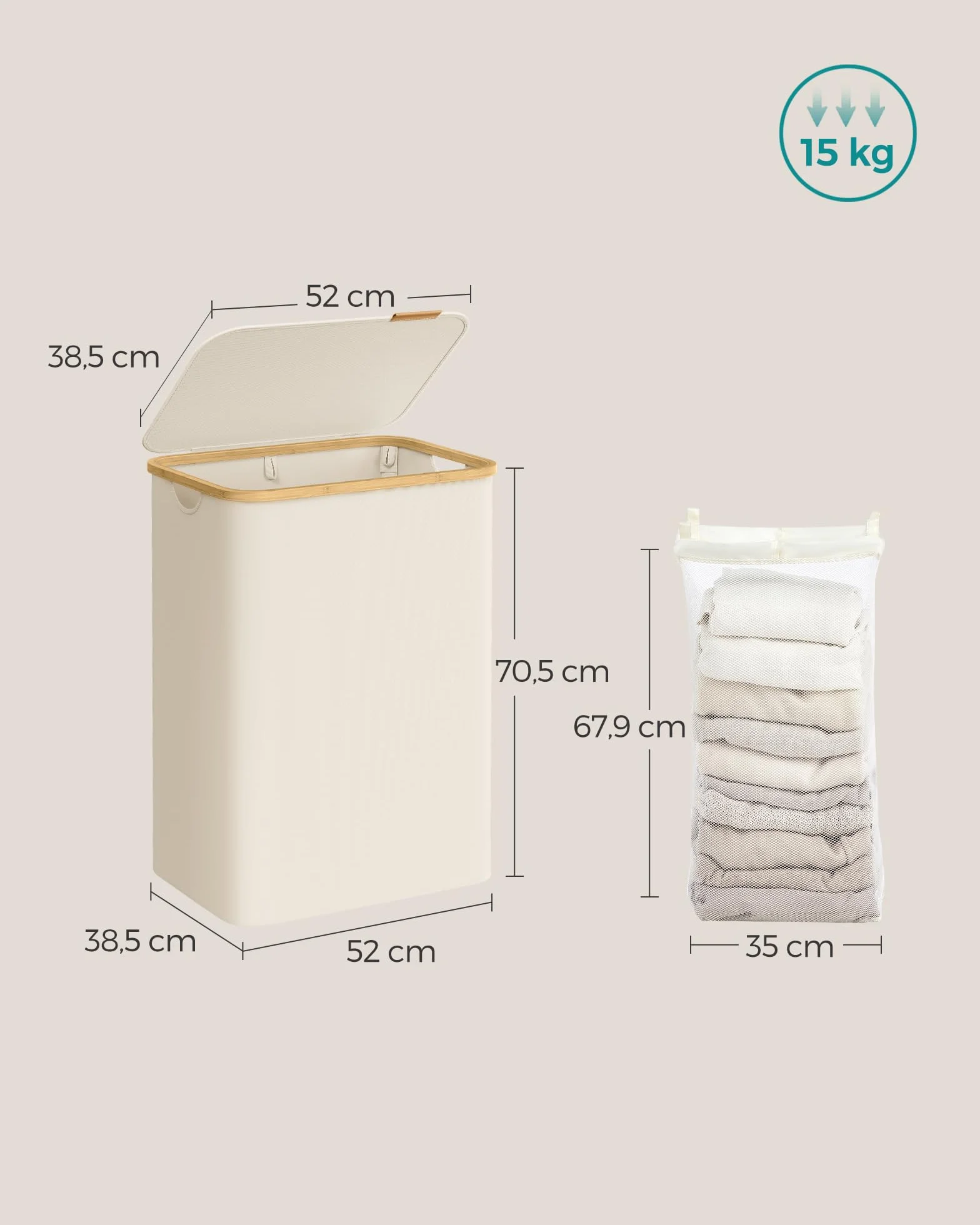SONGMICS Kosz na pranie z pokrywką, 2-częściowy duży kosz na pranie, 130 l, zdejmowana wkładka siatkowa, tkanina Oxford, uchwyty bambusowe, składany, 52 x 38,5 x 70,5 cm, kremowo-biały LCB513W01