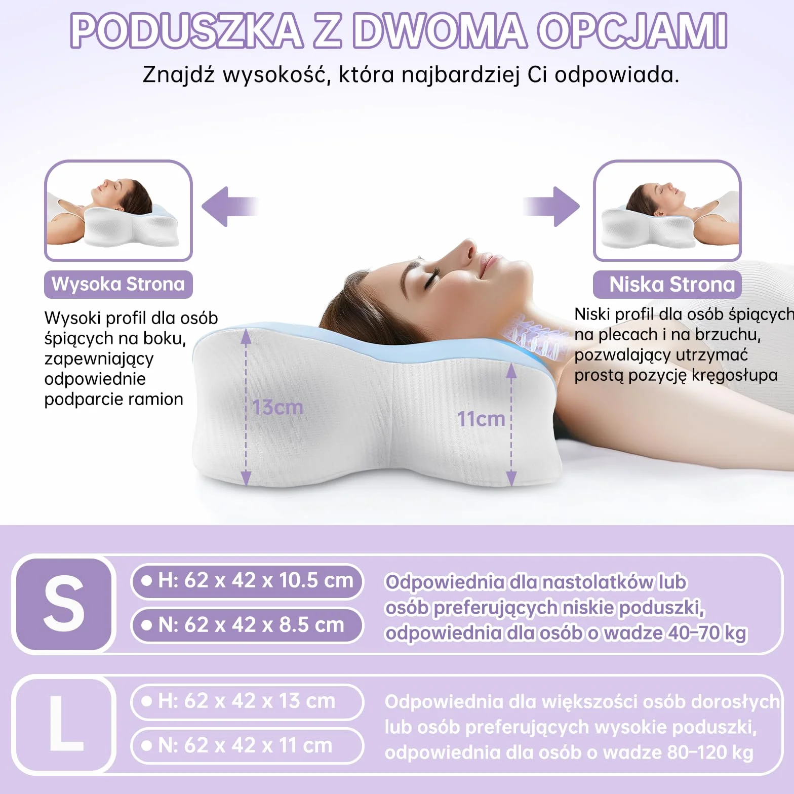 Ortopedyczna poduszka z pianki memory 2 w 1 62cm x 42cm x 13/11cm Błękit nieba