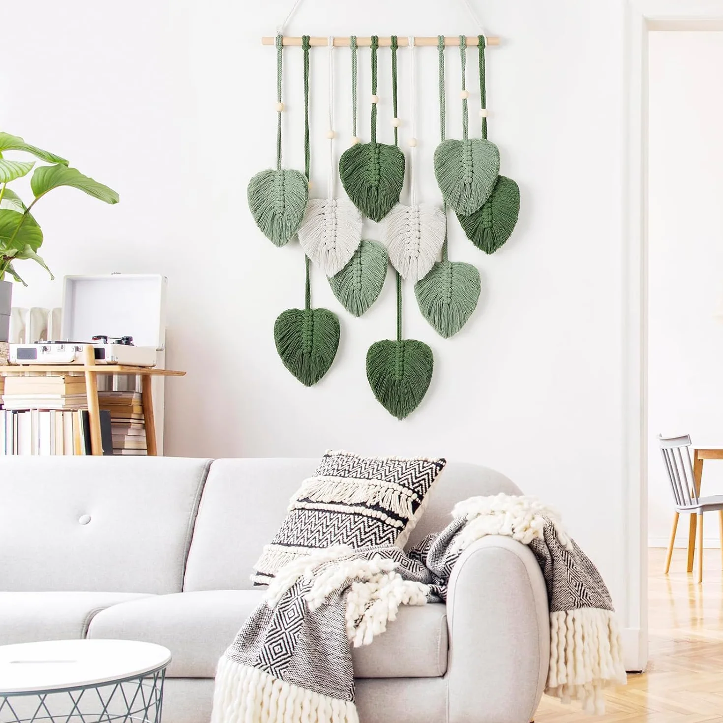 Comius Sharp Macrame Wall Hanging Boho Decor, Leaf Tapestry, Woven Tassels, 40 x 90 cm, Zielony