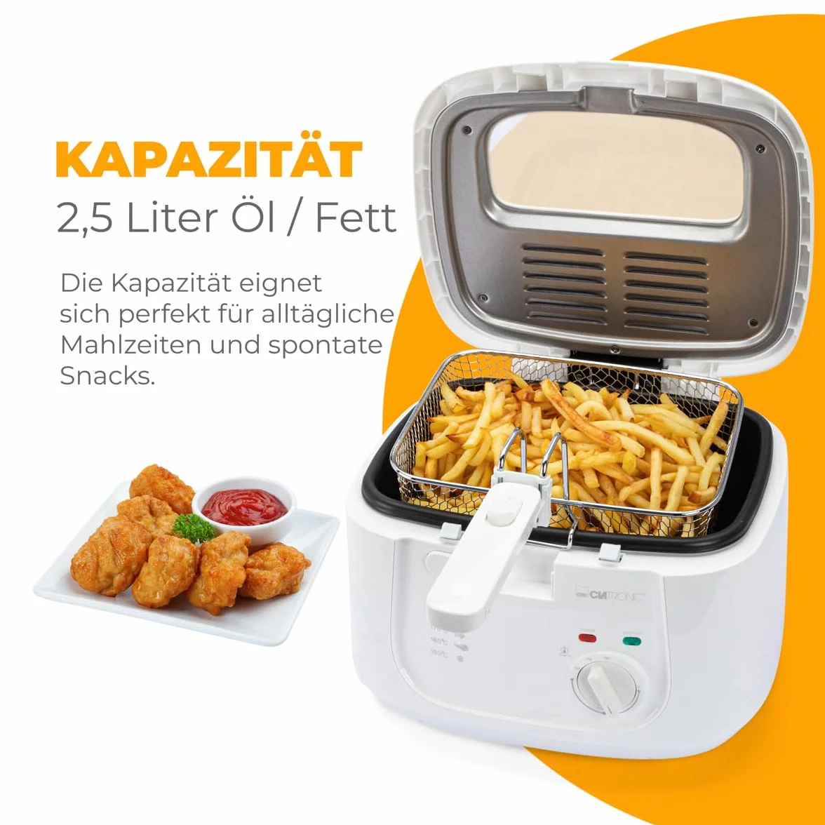 Clatronic® Frytkownica o pojemności 2,5 l, frytkownica z tłuszczem, olej do frytkownicy z filtrem zapachowym i oparami tłuszczu, nieprzywierającym pojemnikiem na olej, bezstopniowo regulowany