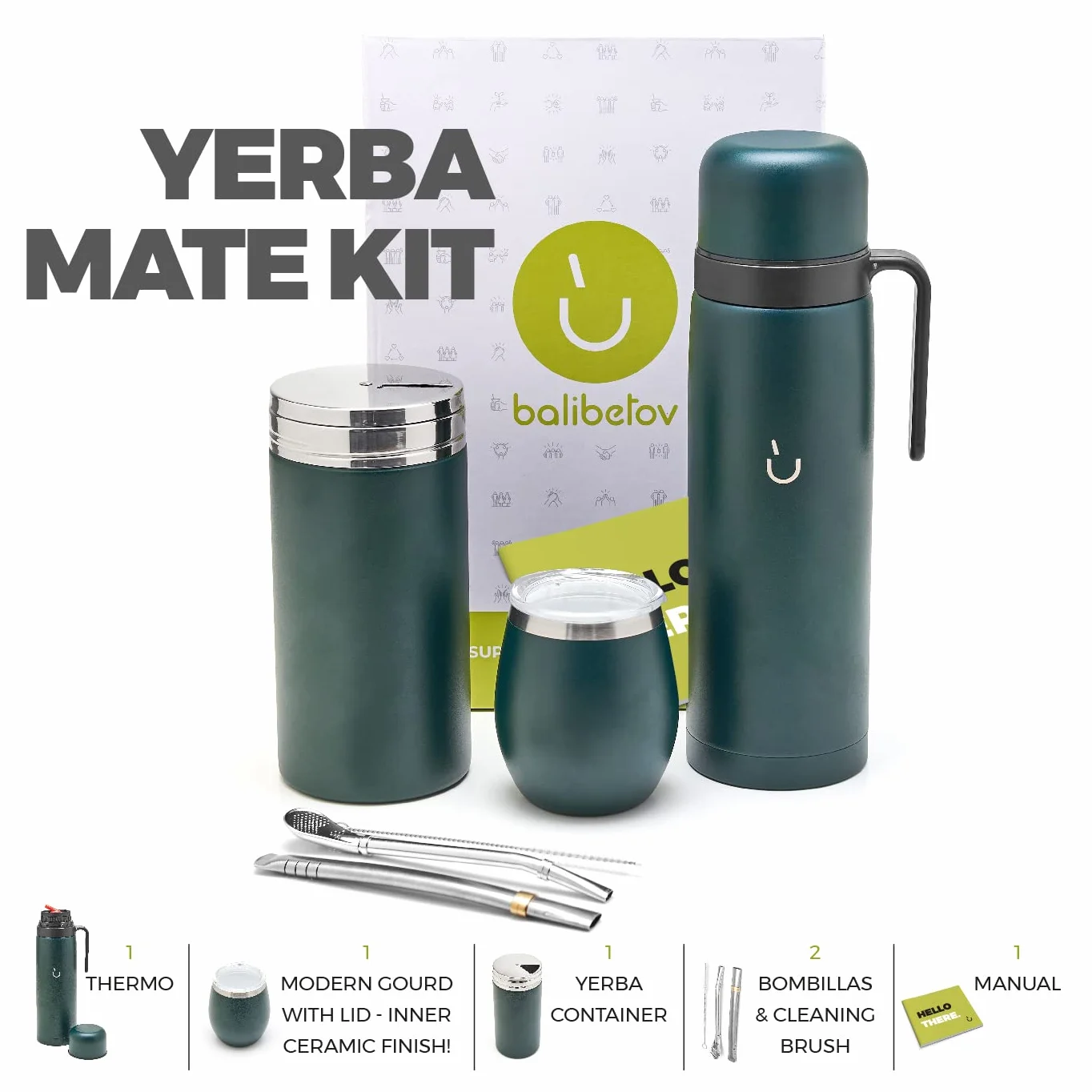 BALIBETOV Kompletny zestaw Yerba Mate – Mate Gourd, butelka izolacyjna, pojemnik Yerba, dwie szklanki bombila i szczotka do czyszczenia 304 18/8